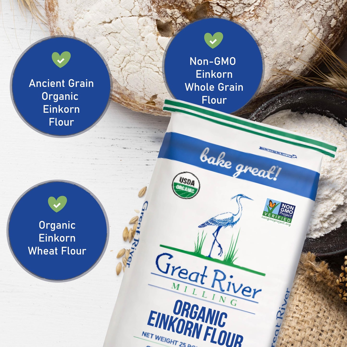 Great River Organic Milling Organic Einkorn Flour | Ancient Whole Wheat Flour | Non-GMO, Kosher, High-Protein | Nutrient-Rich, Healthier All-Purpose