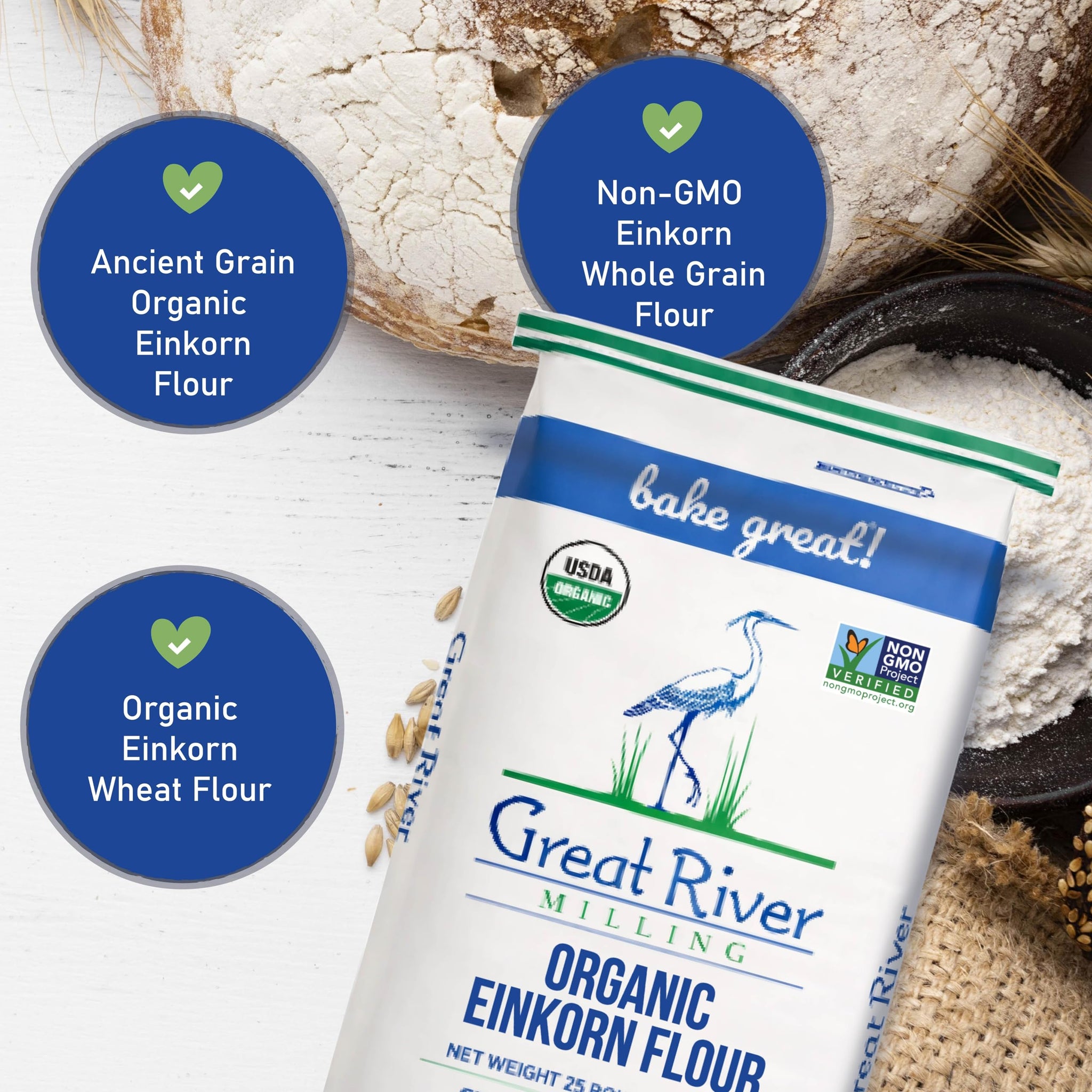 Great River Organic Milling Organic Einkorn Flour | Ancient Whole Wheat Flour | Non-GMO, Kosher, High-Protein | Nutrient-Rich, Healthier All-Purpose