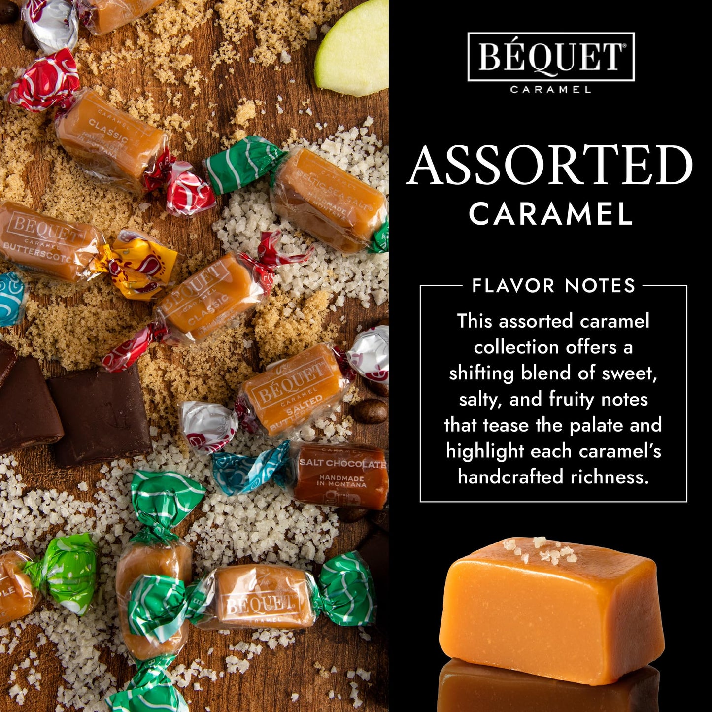 Béquet Assorted Caramels - Gourmet Individually Wrapped Candy Variety Pack - Celtic Sea Salt, Salt Chocolate, Classic Vanilla, Butterscotch, Green