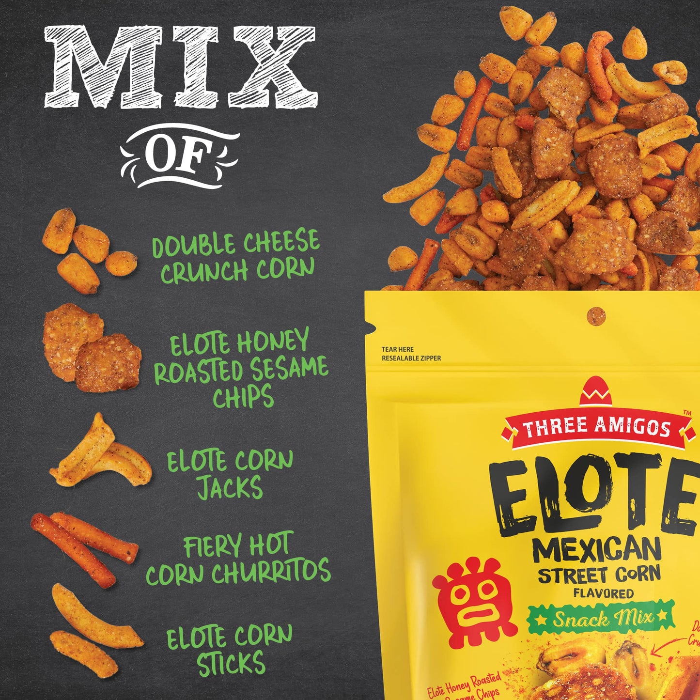 Three Amigos - Elote Mexican Street Corn Snack Mix- Deliciously Crunchy, Tangy, Hot, Sweet & Spicy Snacks - Gourmet Roasted Variety Food Snacks