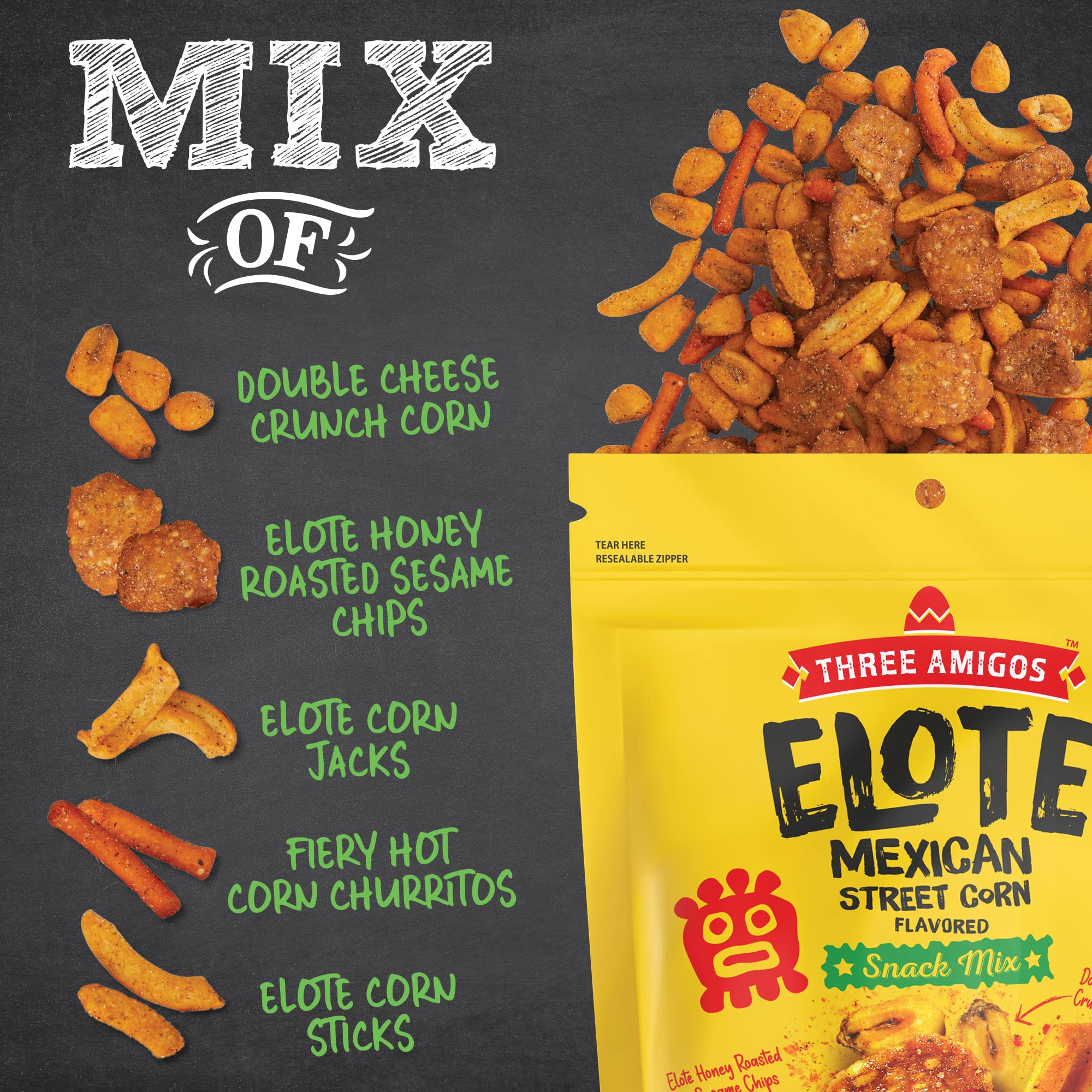 Three Amigos - Elote Mexican Street Corn Snack Mix- Deliciously Crunchy, Tangy, Hot, Sweet & Spicy Snacks - Gourmet Roasted Variety Food Snacks