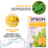 Tipson Organic Moringa Caffeine Free Herbal Tea - Lemon Flavor - 25 Premium Double Chambered Bags - Superfood - Keto/Paleo