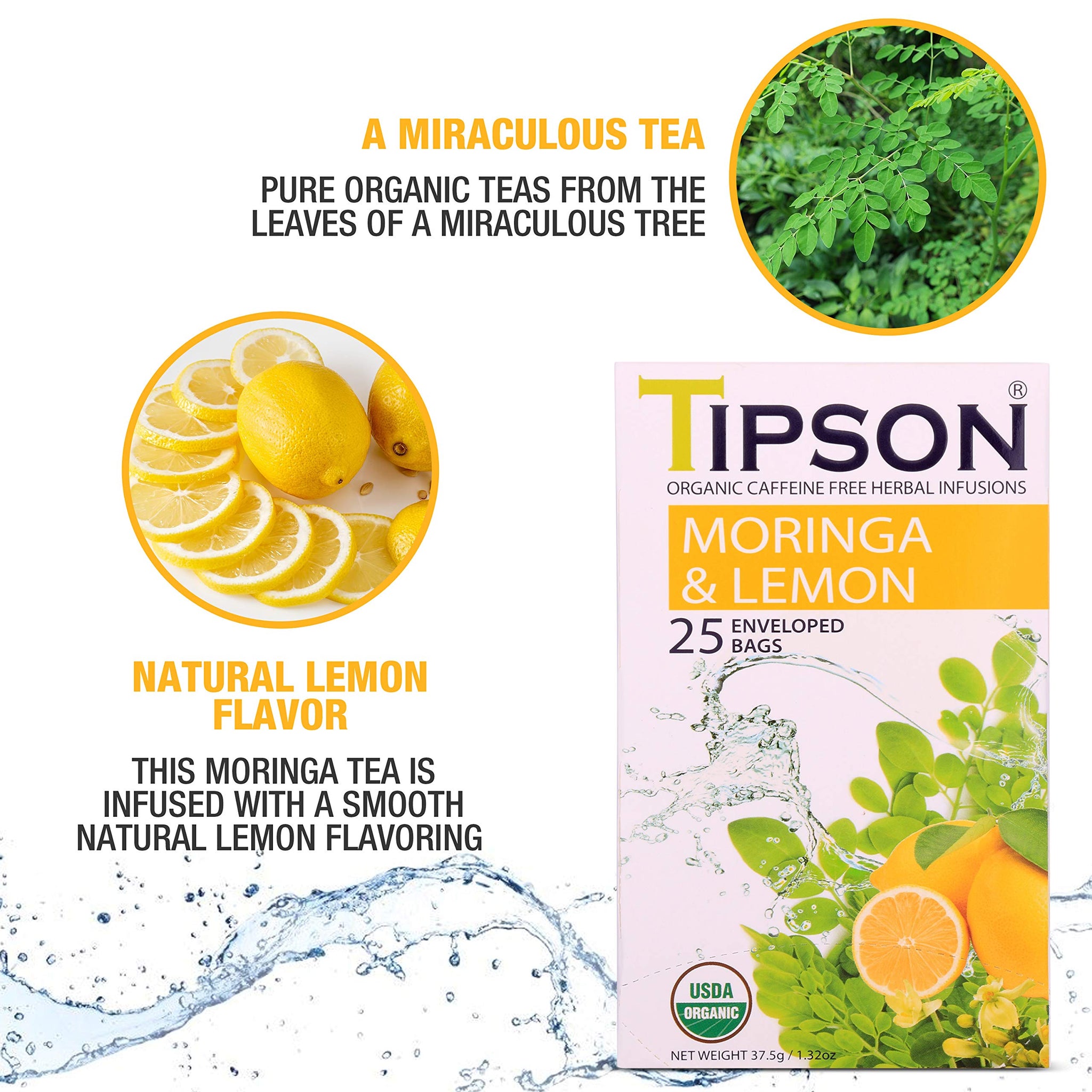 Tipson Organic Moringa Caffeine Free Herbal Tea - Lemon Flavor - 25 Premium Double Chambered Bags - Superfood - Keto/Paleo