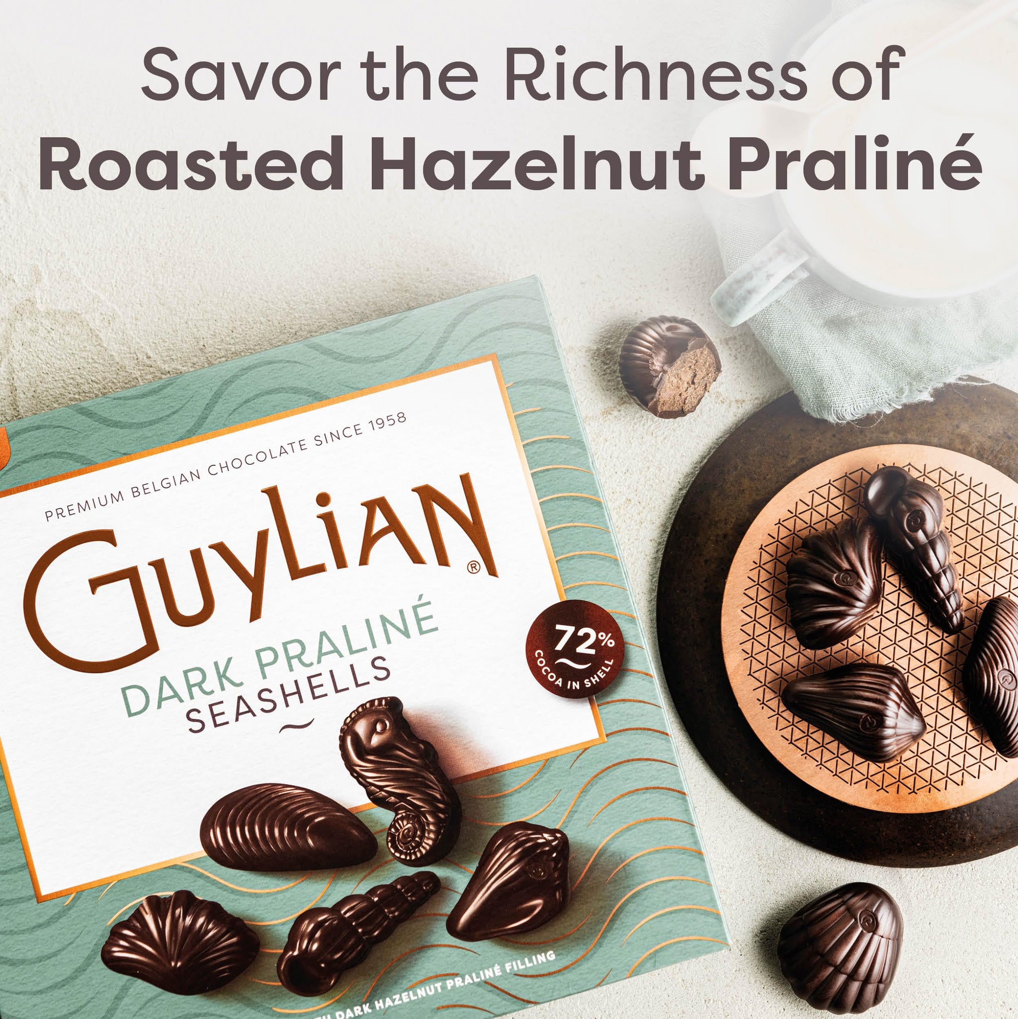 Belgian Dark Chocolate Gift Box, 7.94 oz, 20 pc Gourmet Hazelnut Praliné Seashells by GuyLian, 72% Cocoa Intense Dark Chocolate Candy for Women