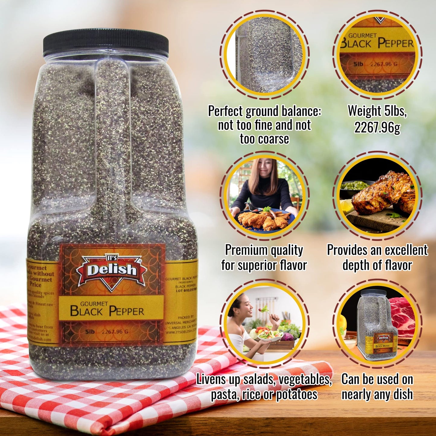 Gourmet Ground Black Pepper by It’s Delish, 5 LB Restaurant Gallon Size Container Jug with Handle | Premium Gourmet Table Grind Black Pepper Bulk
