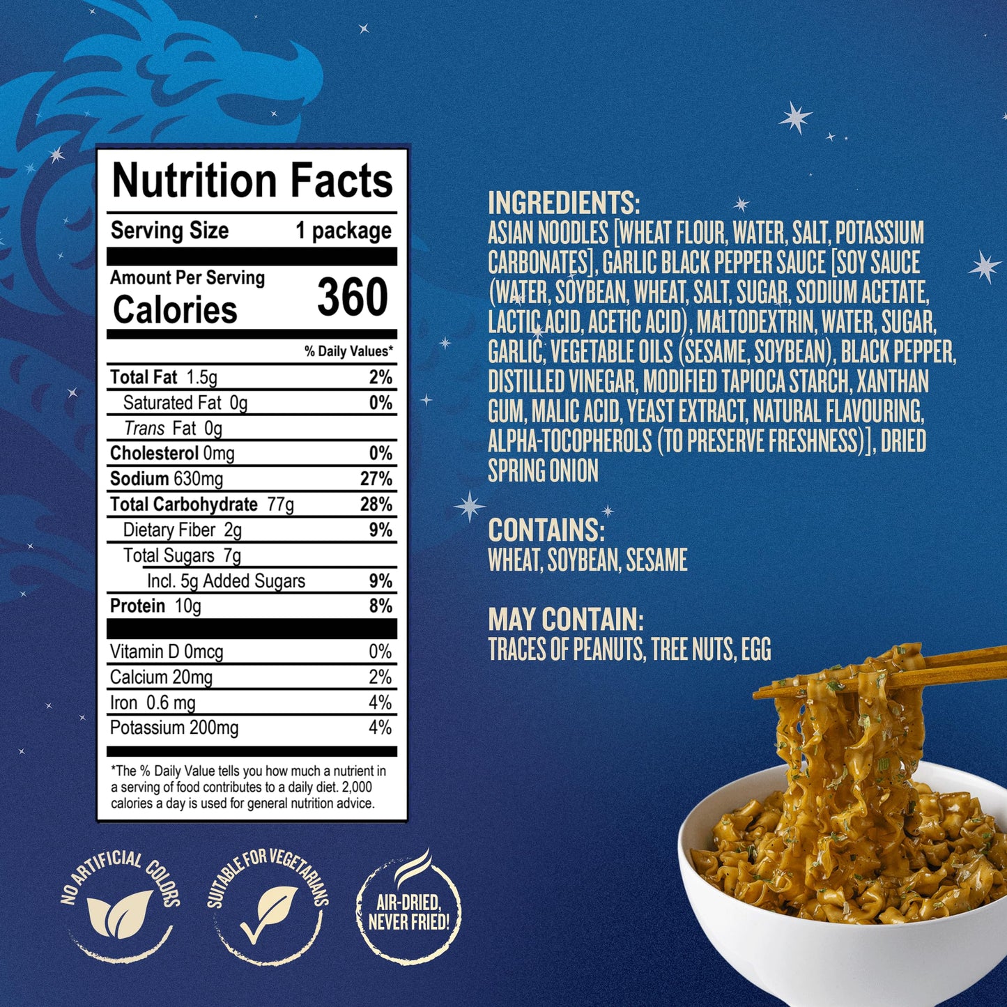Blue Dragon Garlic & Black Pepper Saucy Noodles - 4.25oz (Pack of 6) - Knife Cut Air Dried Noodles w/Garlic & Black Pepper Sauce & Spring Onion