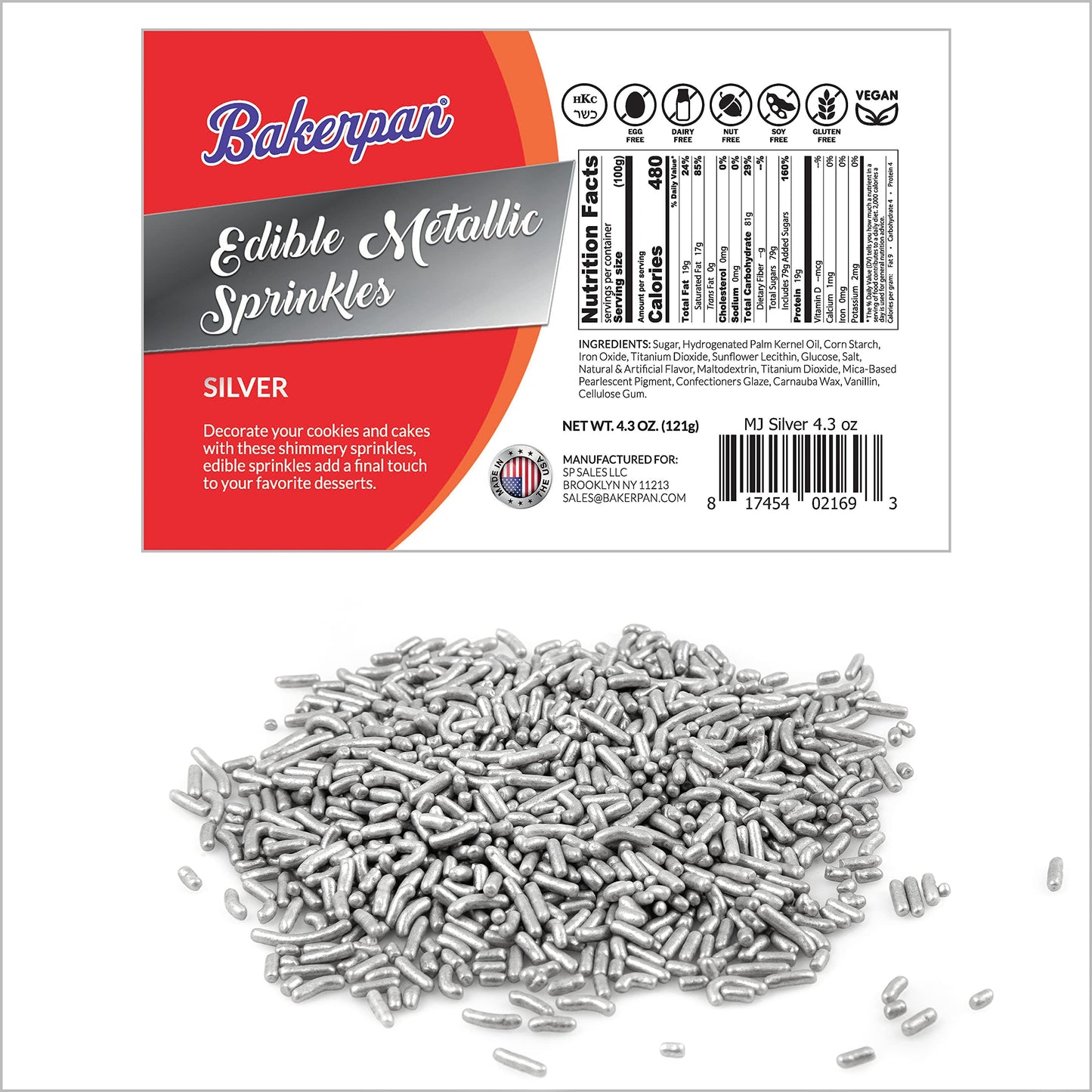 Bakerpan Silver Sprinkles Edible for Cupcakes, Silver Jimmies Sprinkles for Cake Decorating - 4.3 Ounces (Made in USA)