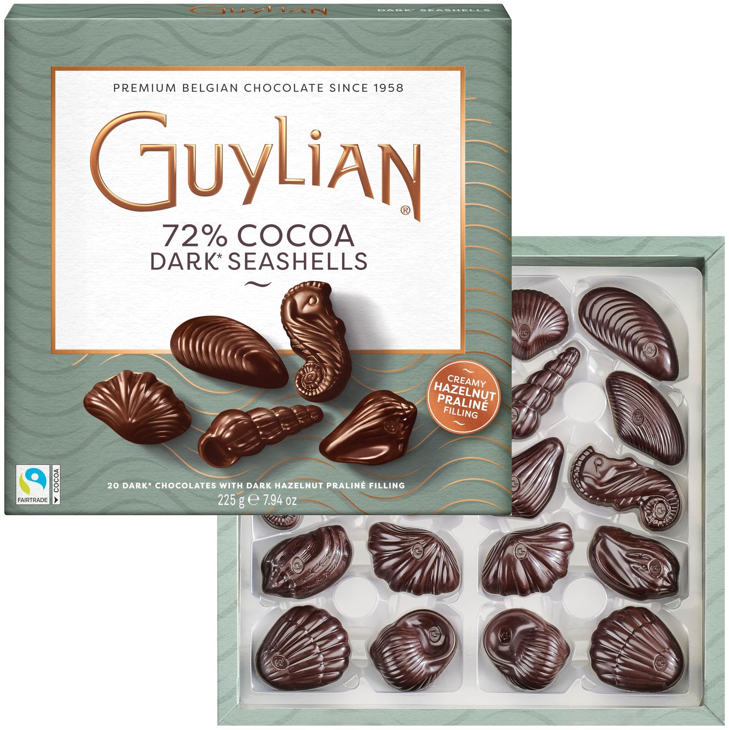 Belgian Dark Chocolate Gift Box, 7.94 oz, 20 pc Gourmet Hazelnut Praliné Seashells by GuyLian, 72% Cocoa Intense Dark Chocolate Candy for Women