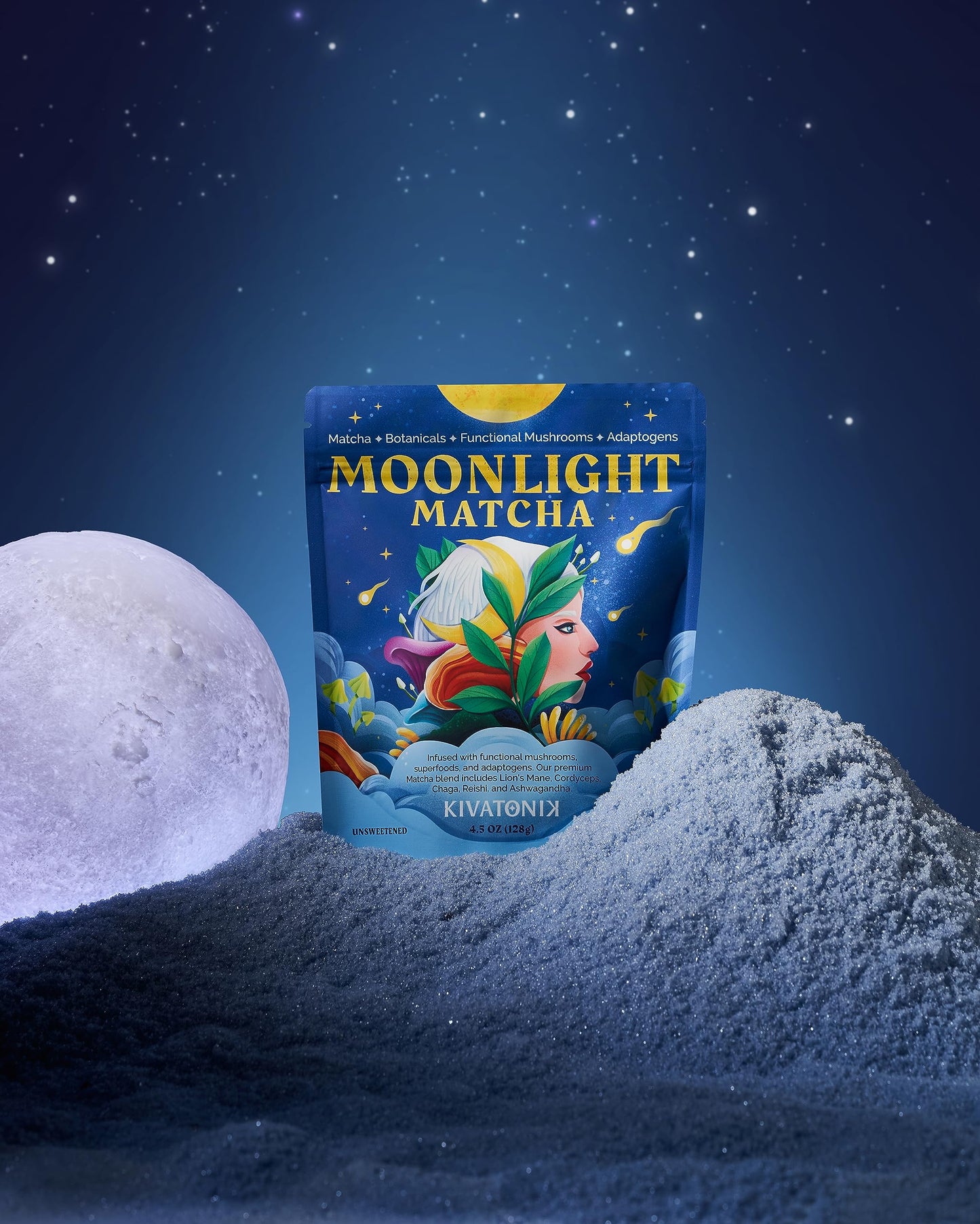 KIVATONIK Moonlight Matcha - Ceremonial Matcha with Organic Functional Mushrooms and Adaptogens - Lion's Mane, Cordyceps, Chaga, Reishi