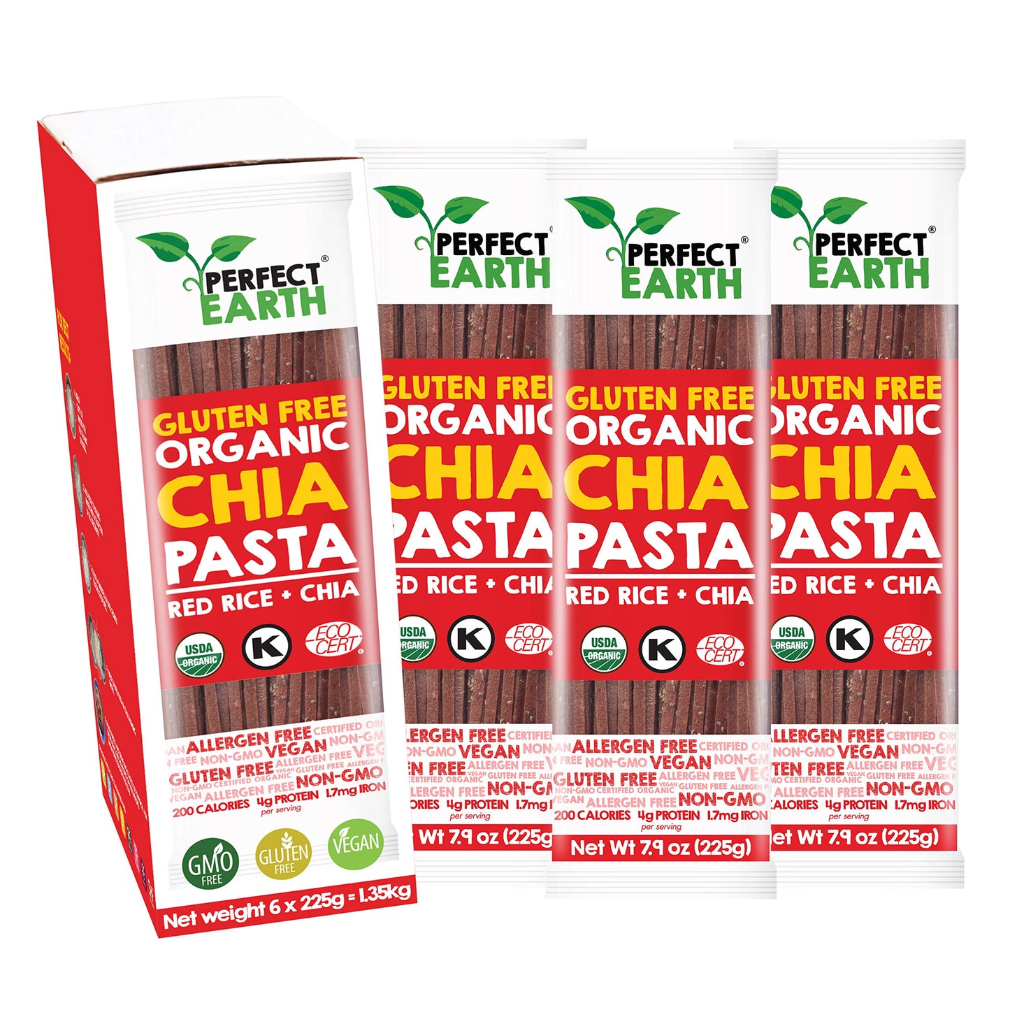 Perfect Earth Organic Red Rice Pasta with Chia Seeds - Organic, Vegan, Keto, Kosher, Allergen-Free, Gluten-Free, Low Carb Pasta - for Healthy