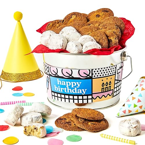 David’s Cookies Happy Birthday Cookies Bucket with Thin Crispy Cookies and Butter Pecan Meltaways Treats - Gourmet Cookies Gift Basket - Ideal