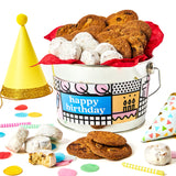 David’s Cookies Happy Birthday Cookies Bucket with Thin Crispy Cookies and Butter Pecan Meltaways Treats - Gourmet Cookies Gift Basket - Ideal