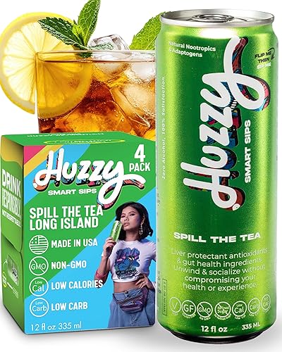 Huzzy Smart Sips Non Alcoholic Drinks - Long Island Inspired Canned Beverage - Alcohol Free Functional Cocktails - Low Calorie, Low Carb, No Refined