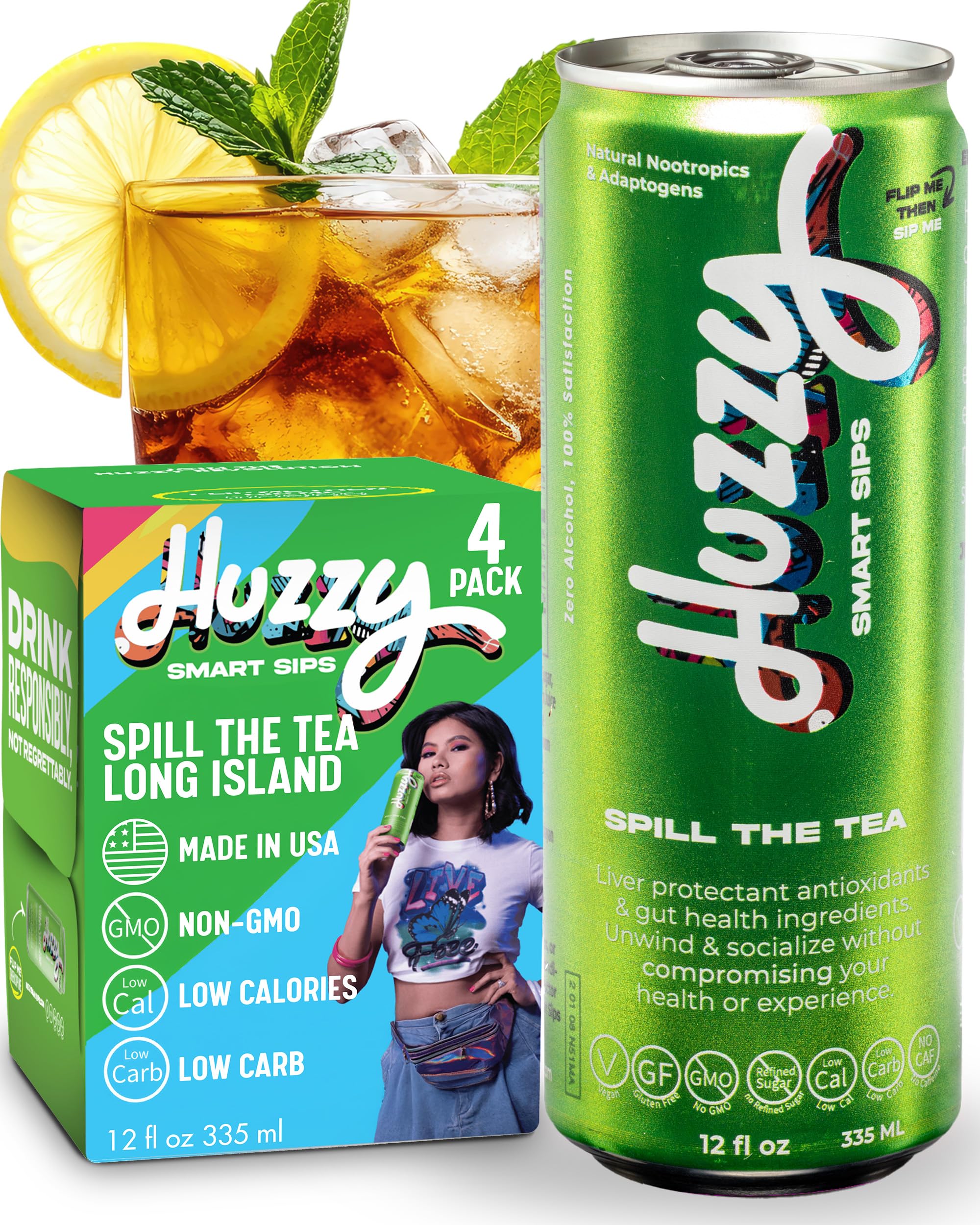 Huzzy Smart Sips Non Alcoholic Drinks - Long Island Inspired Canned Beverage - Alcohol Free Functional Cocktails - Low Calorie, Low Carb, No Refined