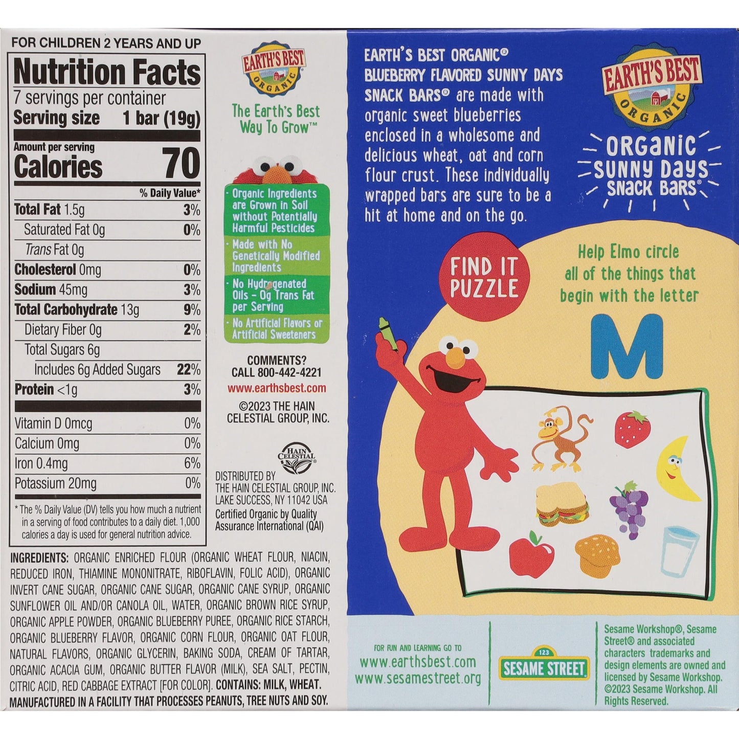 Earth's Best Organic Kids Snacks, Sesame Street Toddler Snacks, Organic Sunny Days Snack Bars for Toddlers 2 Years and Older, Blueberry with Other