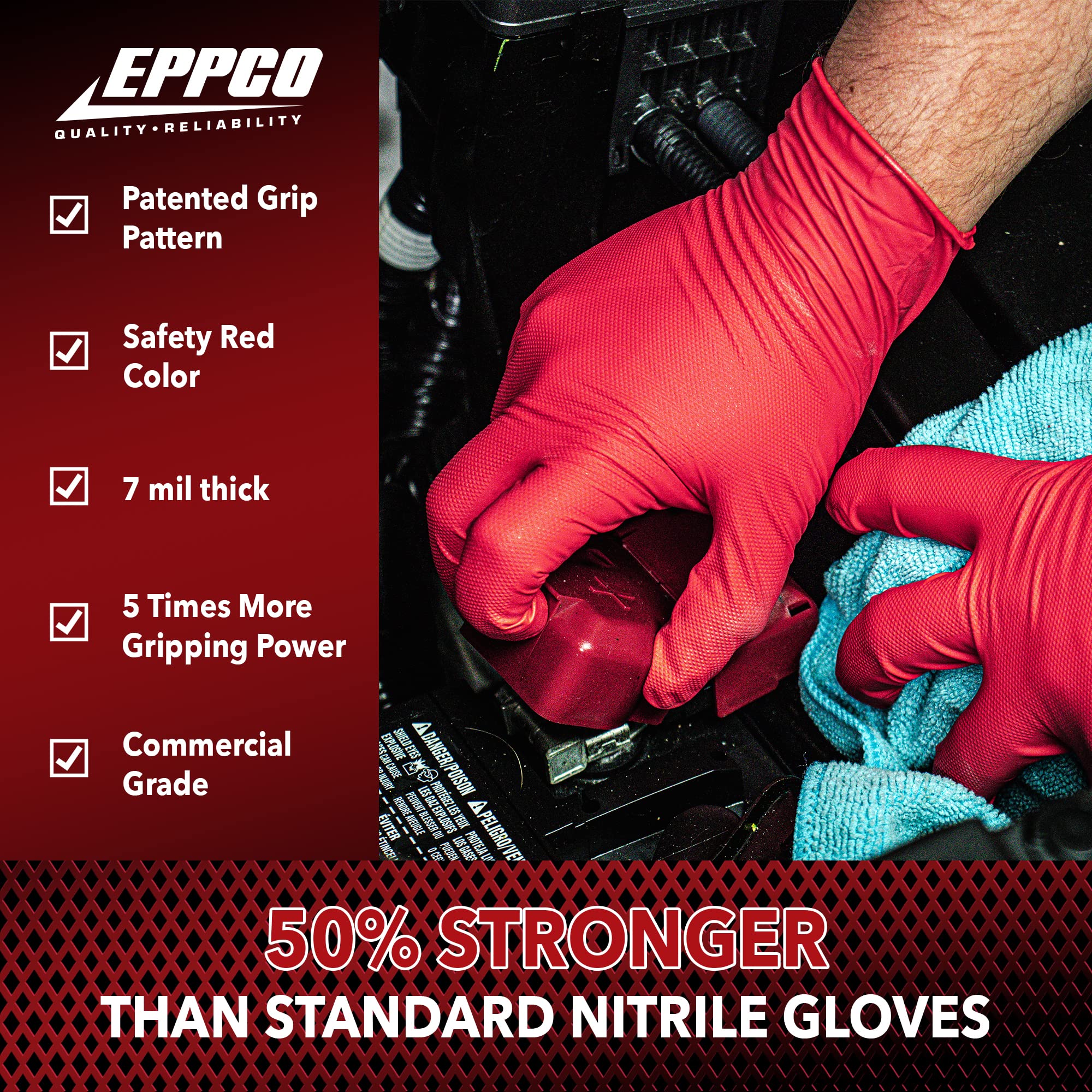 EPPCO Grease Bully Red 7-Mil Diamond Textured Nitrile Gloves - Powder & Latex Free - 10 Boxes Per Case