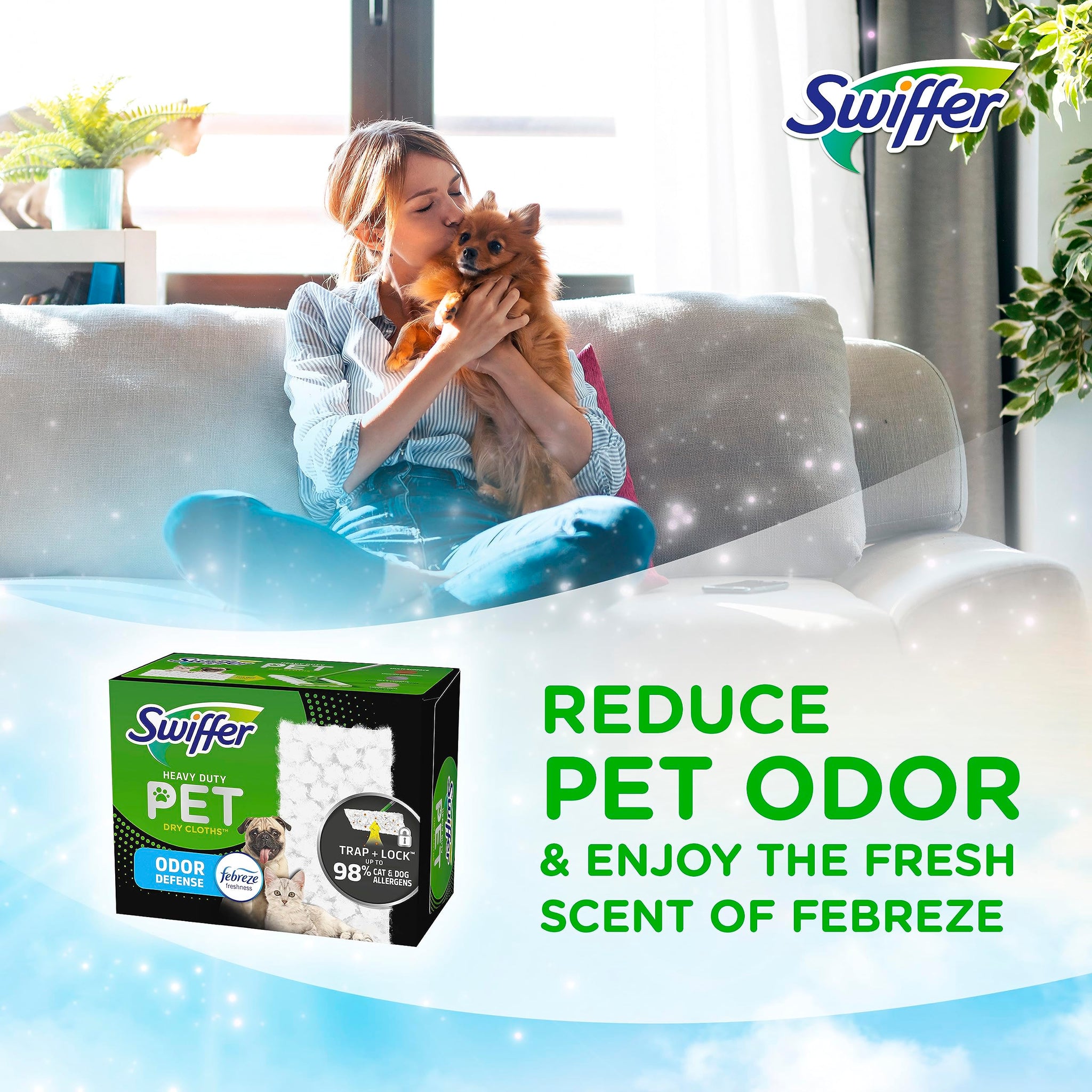 Swiffer Sweeper Pet Heavy Duty Dry Multi-Surface Cloth Refills for Floor Sweeping and Cleaning, Febreze Freshness, 10 Count