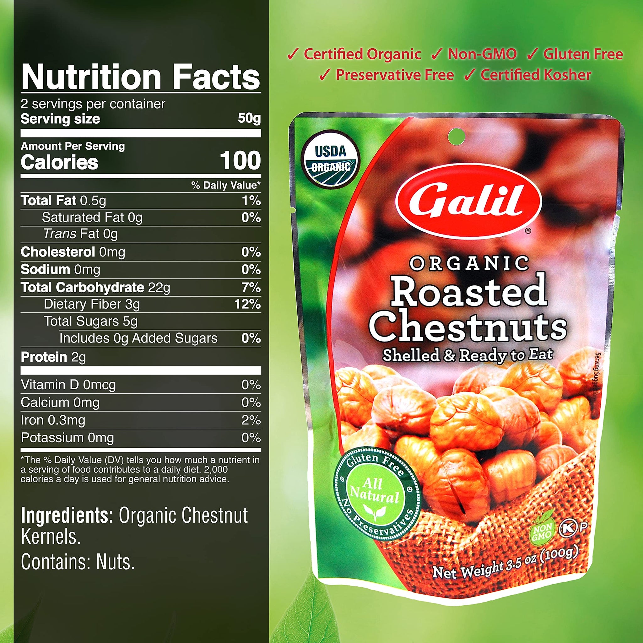 Galil Organic Roasted Chestnuts - Shelled & Ready to Eat - Gluten Free, Vegan, Organic, Non-GMO, Kosher Snacks - Great for Baking, Cooking & Turkey