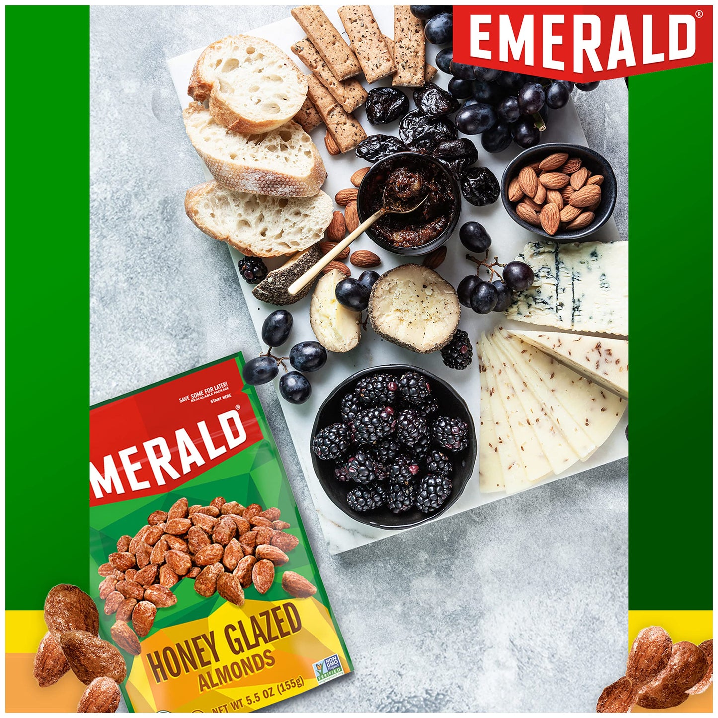 Emerald Nuts Honey Glazed Almonds (1-Pack), 5.5oz Resealable Bag, Kosher Dairy Certified, Non-GMO, Contains No Artificial Preservatives, Flavors or