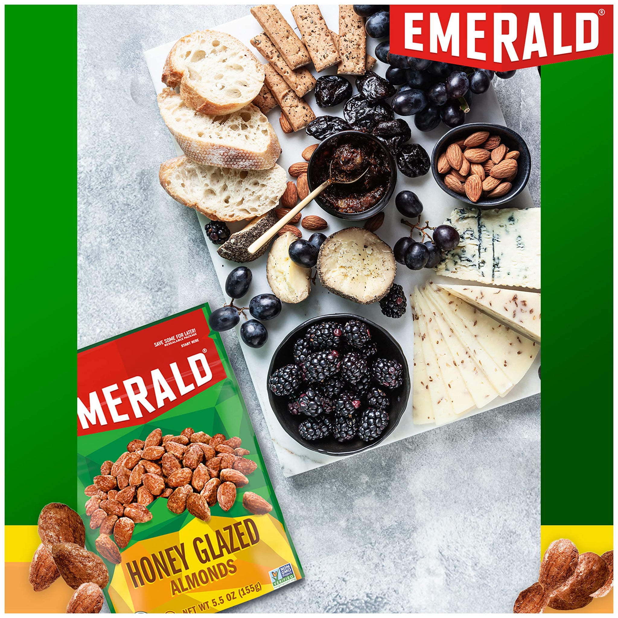 Emerald Nuts Honey Glazed Almonds (1-Pack), 5.5oz Resealable Bag, Kosher Dairy Certified, Non-GMO, Contains No Artificial Preservatives, Flavors or