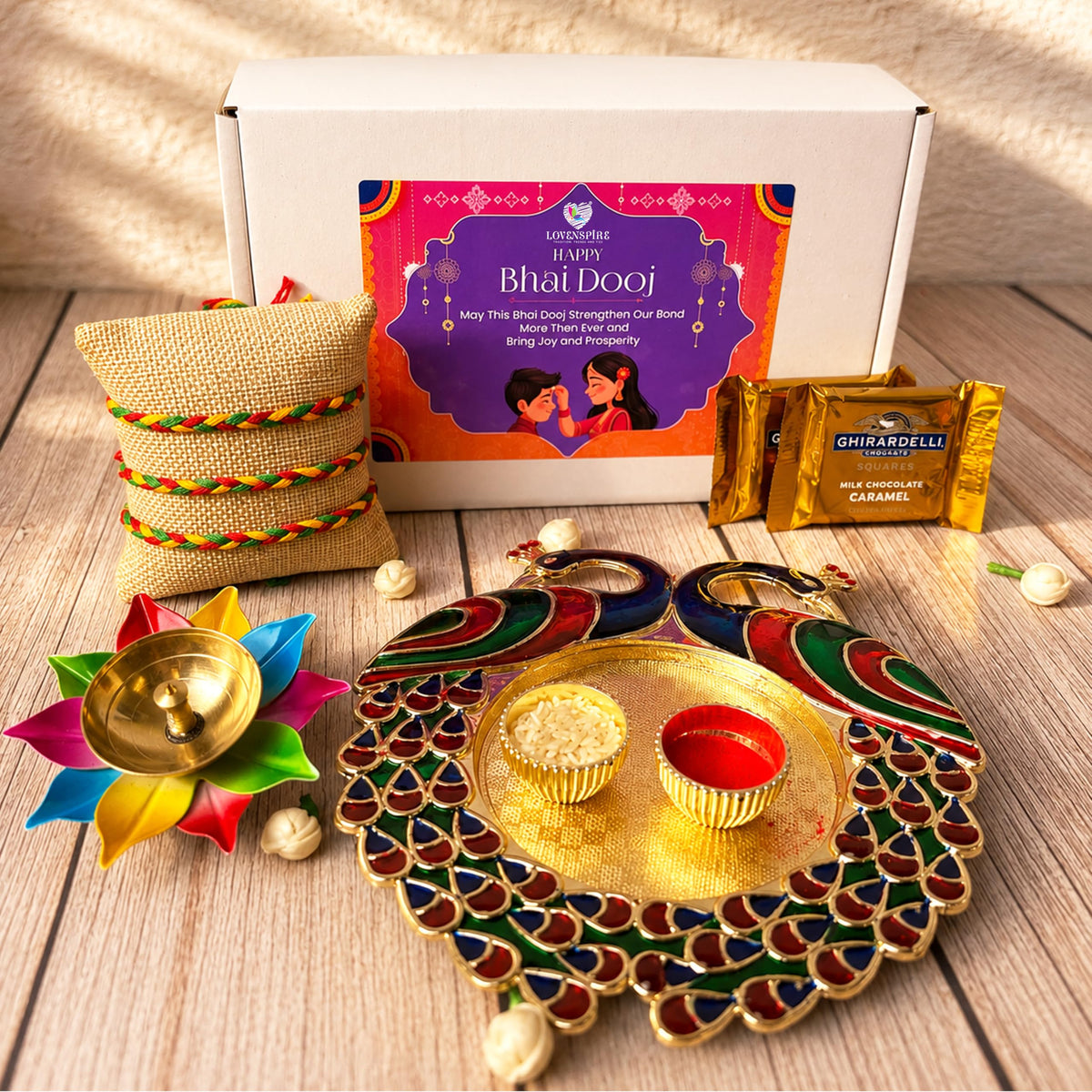 LoveNspire Bhai Dooj Gift Hamper for Brother Premium Gift Box with Haldi Kumkum Holder Roli Chawal Rakhi Lotus Brass Diya Chocolates Bhaidooj Gifts
