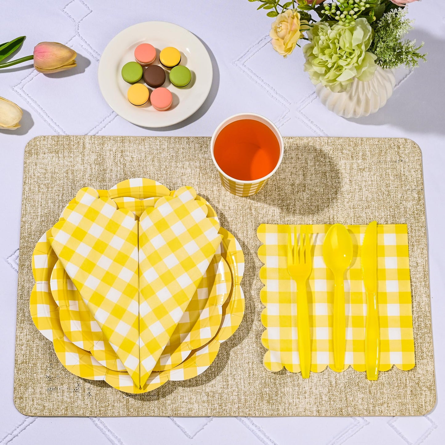175 Pcs Yellow Gingham Plates and Napkins Party Supplies-Yellow and White Scalloped Paper Plates Disposable Plaid Cocktail Napkin Checkered Dinner