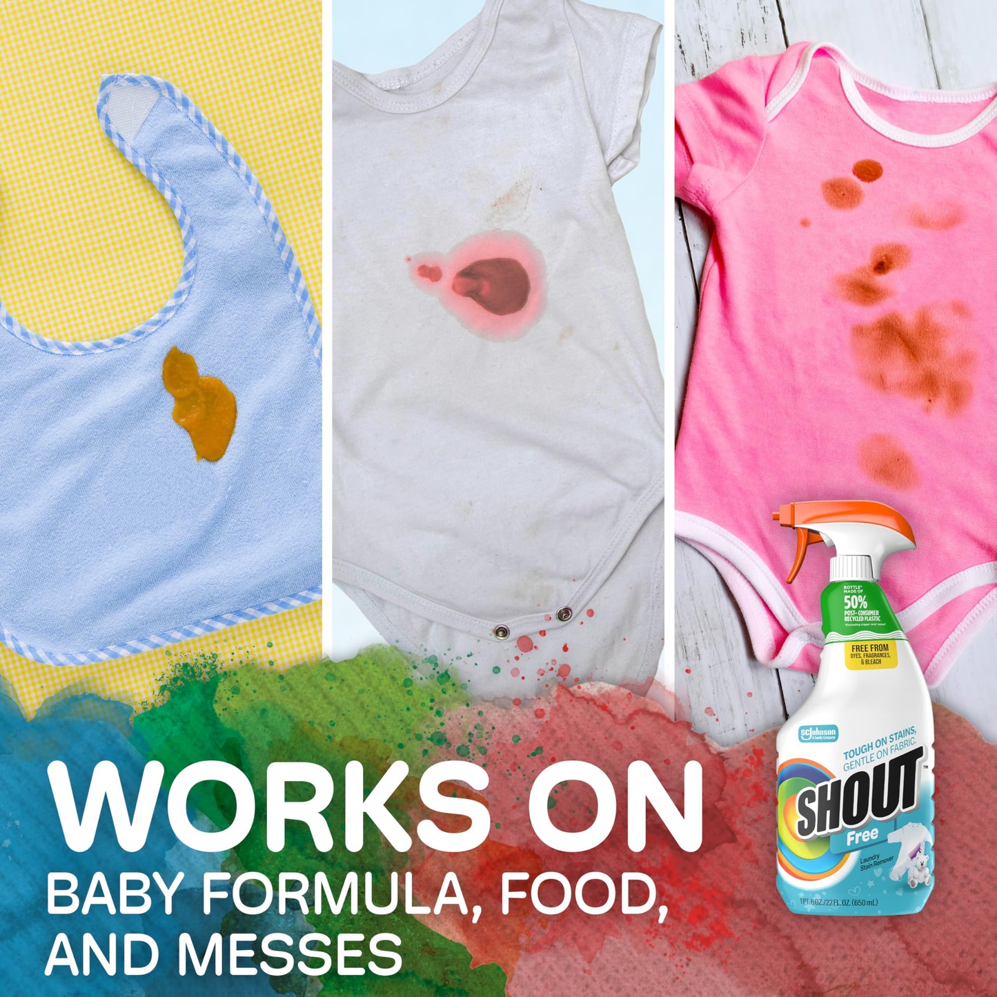 Shout Free Laundry Stain Remover Spray, Active Enzyme Formula is Fragrance, Bleach, and Dye Free, Removes Everyday Stains including Baby Stains - 22oz