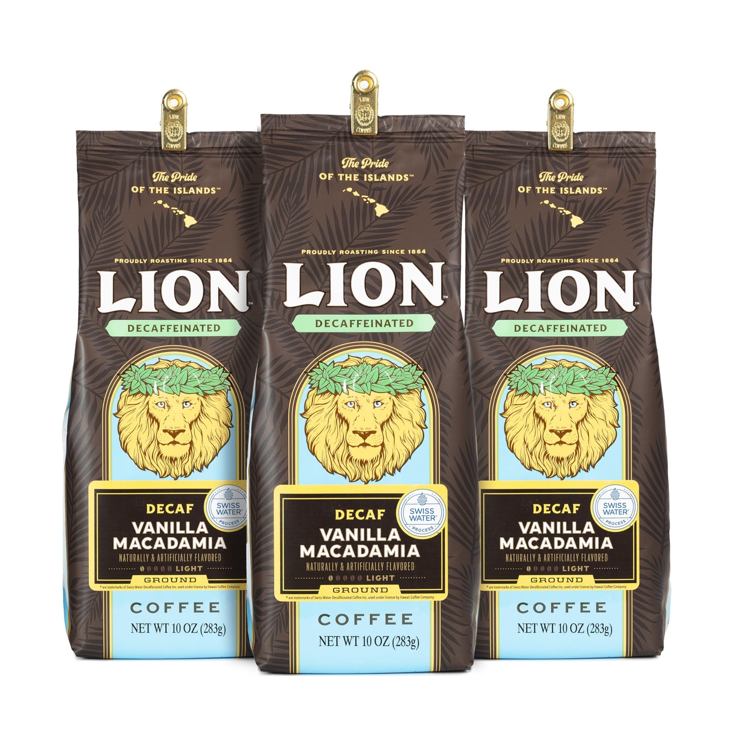 Lion Coffee 3-Pack DECAF Vanilla Macadamia Flavored Ground Coffee, Swiss Water DECAF Light Roast, Hawaiian Inspired Taste - 10 Ounce Bags (Pack