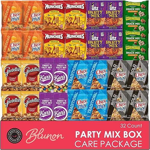 Snacks Variety Pack for Adults - Snack Pack Care Package - Party Mix Snack Mix Gift Box - Chex Mix Individual Packs Bulk Assortment (32 Pack)