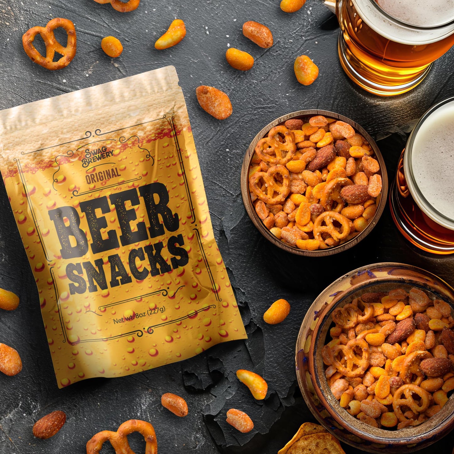 Beer Snacks Nuts Bar Mix - Gourmet Snack for Beer Lovers - Mix of Smoked Almonds, Pretzels, Honey Roasted and Toffee Peanuts, and Spicy Peanuts Pub