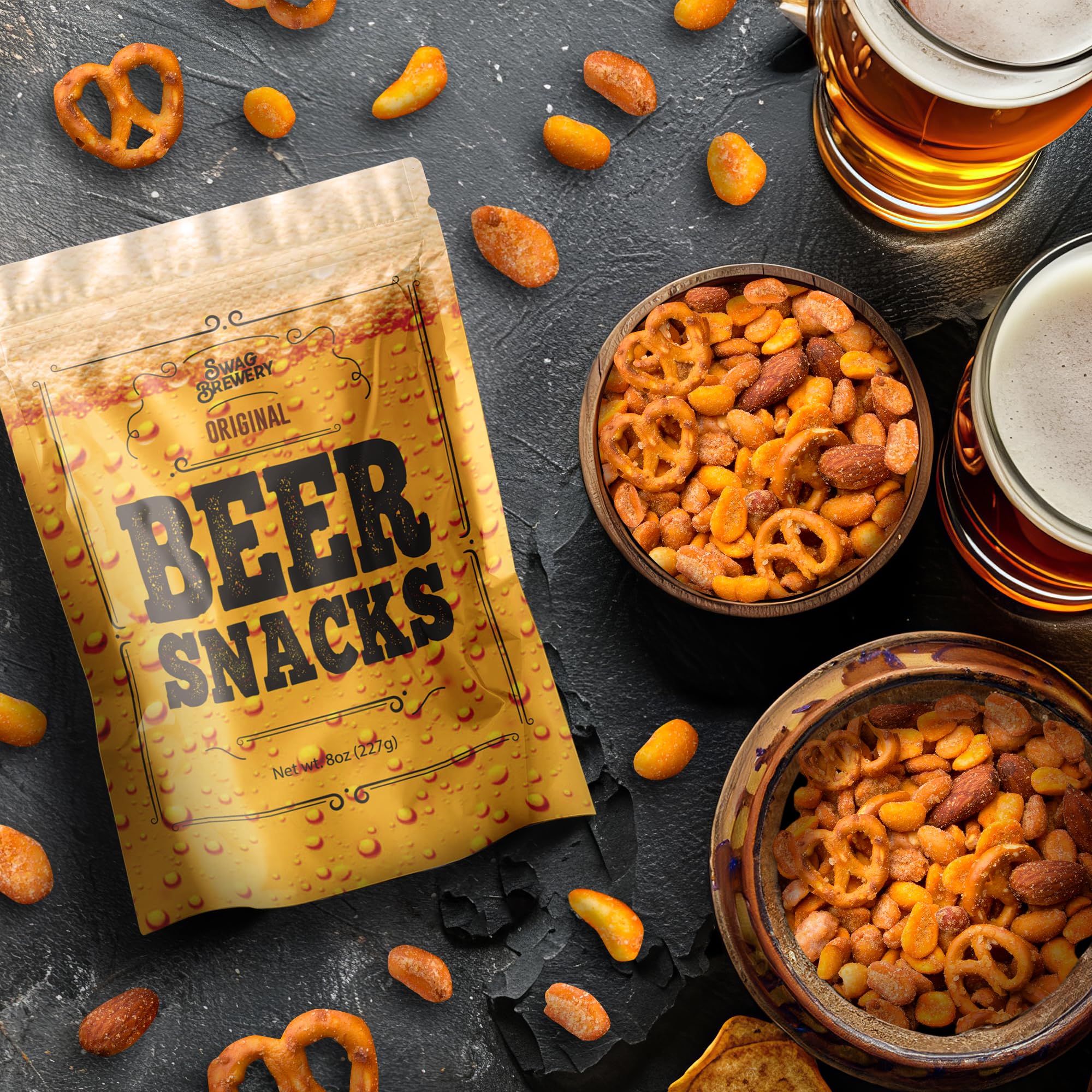 Beer Snacks Nuts Bar Mix - Gourmet Snack for Beer Lovers - Mix of Smoked Almonds, Pretzels, Honey Roasted and Toffee Peanuts, and Spicy Peanuts Pub