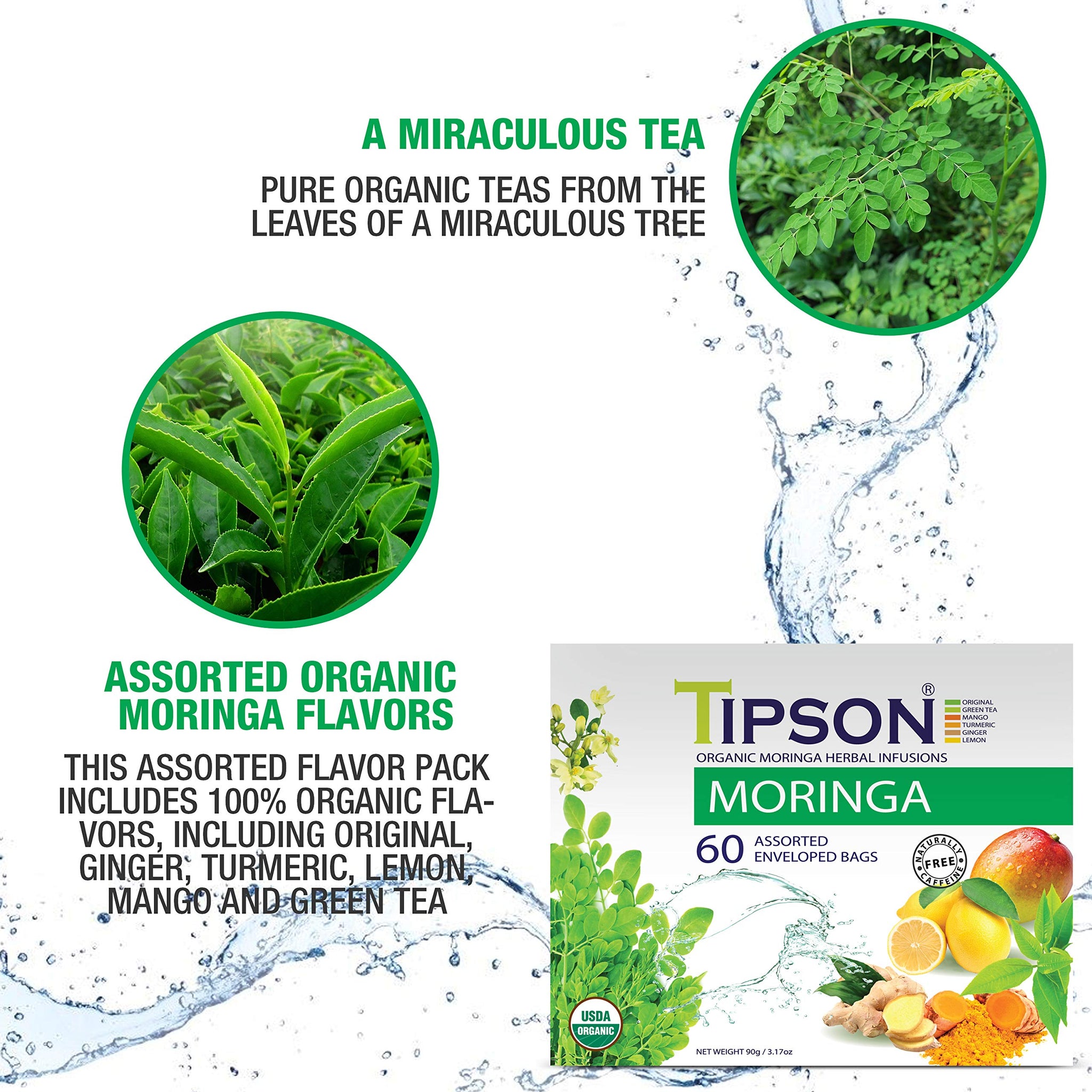 Tipson Organic Moringa Variety Sampler - 6 Flavors (60 Tea Bags),- Herbal Tea Infusions - USDA Organic, Non-GMO, and Gluten Free