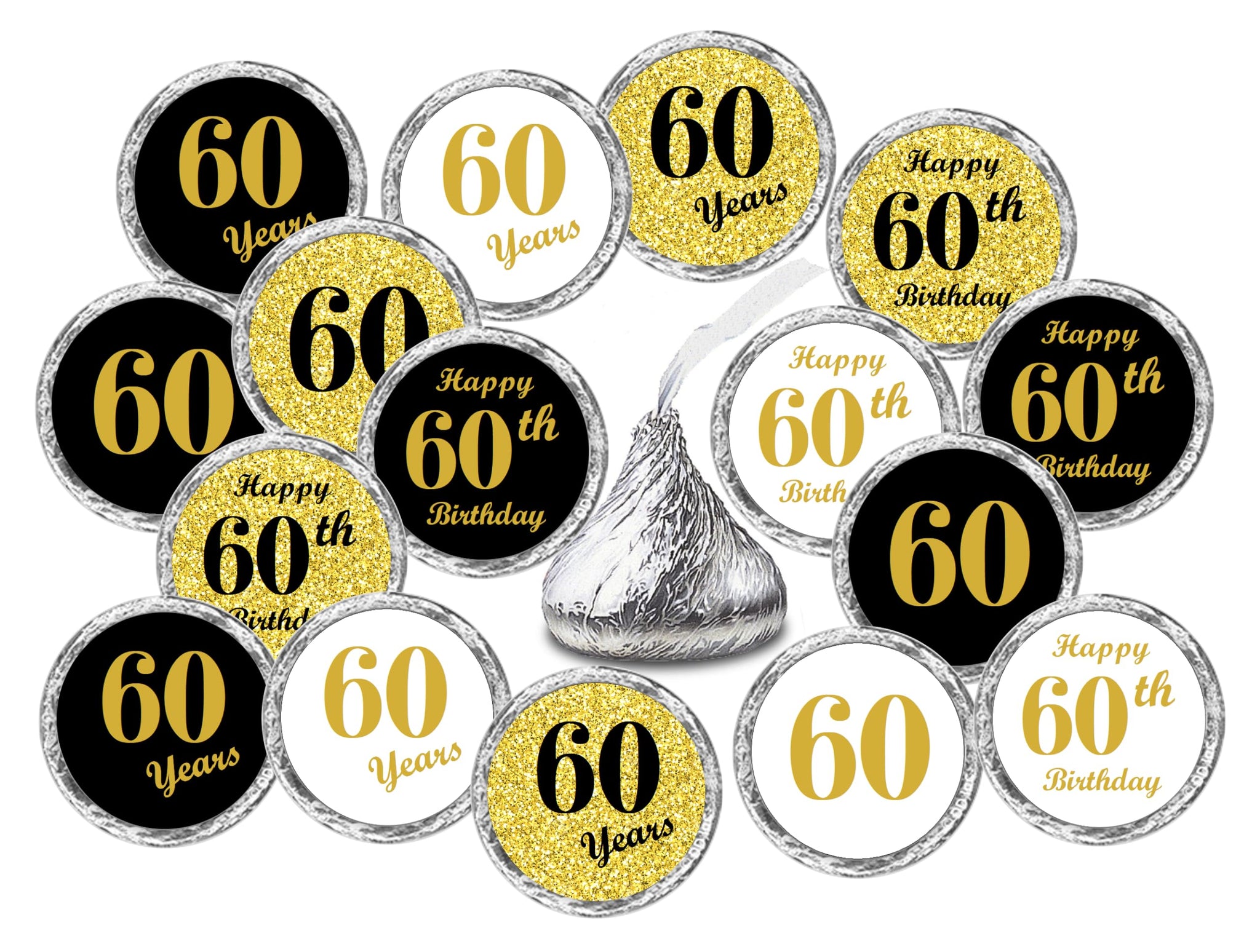 60th Birthday Kisses Stickers, (Set of 324) Chocolate Drops Labels for 60 Birthday, Party Favors Decor for Hershey's Kisses. Made in USA, 9 Designs