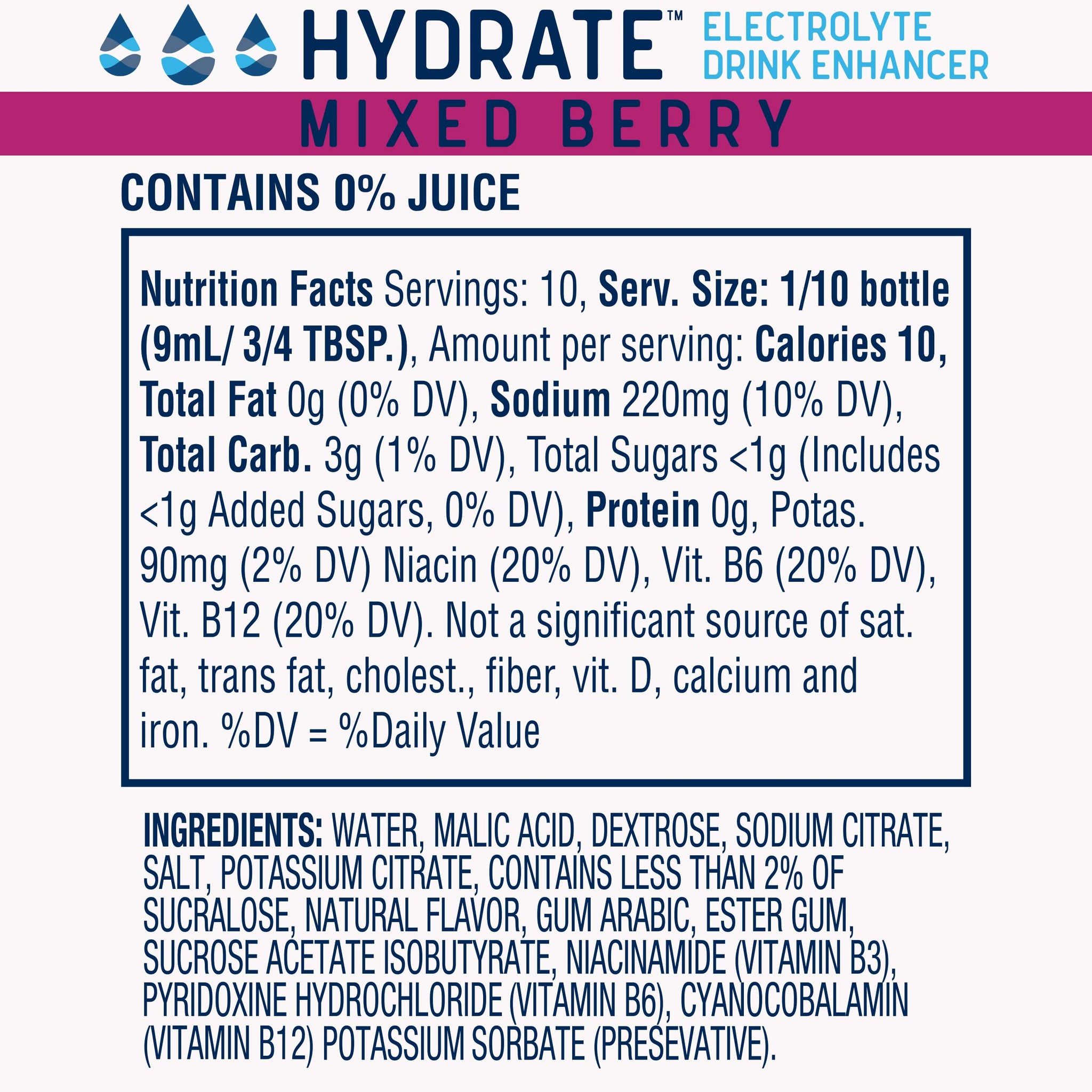 hydrate Electrolyte Liquid Drink Enhancer Drops, Low Sugar, Low Calorie, Natural Flavor Hydration Mix with Essential Vitamins B3 B6 B12 (6.22 Fl Oz