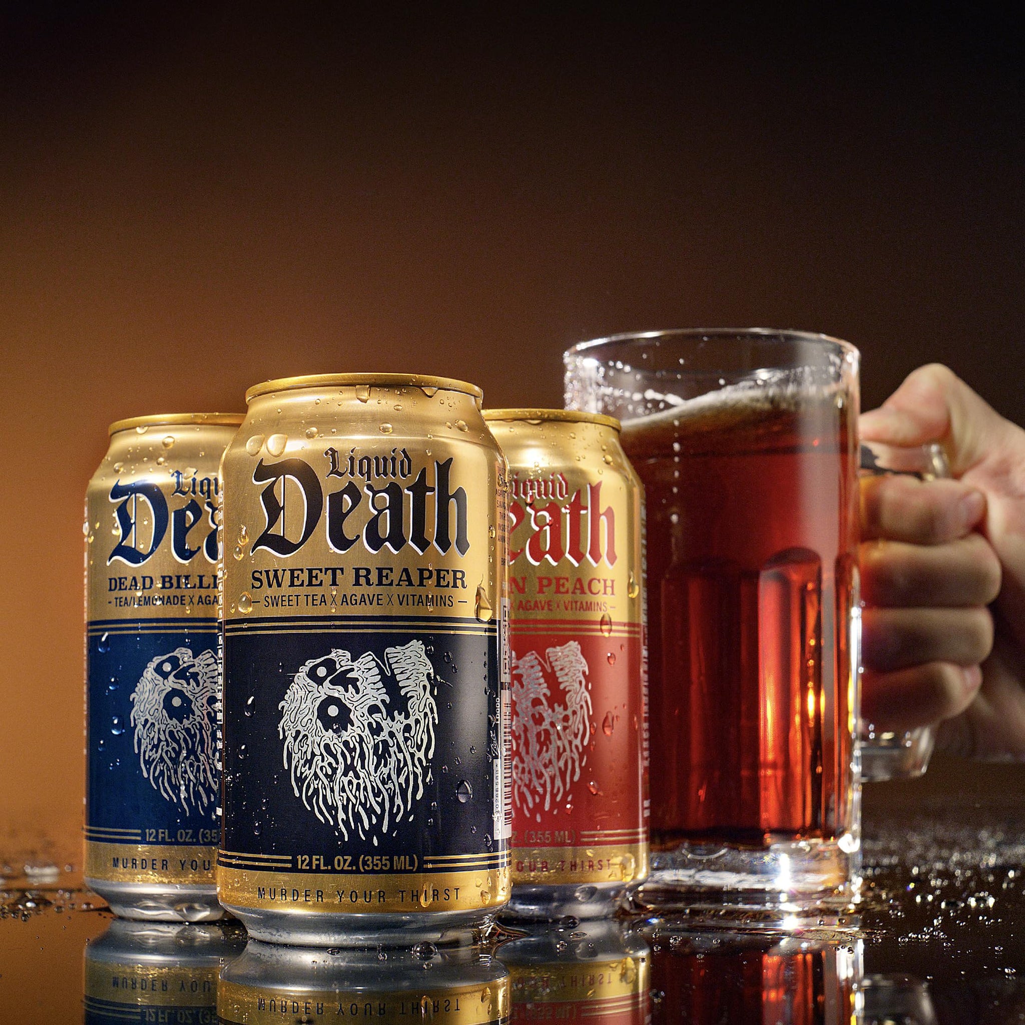Liquid Death Iced Tea - O.G. Variety, Less Sugar*, Boost of Caffeine, B Vitamins, No Artificial Sweeteners, 4 Flavors: Tea/Lemonade, Rest in Peach