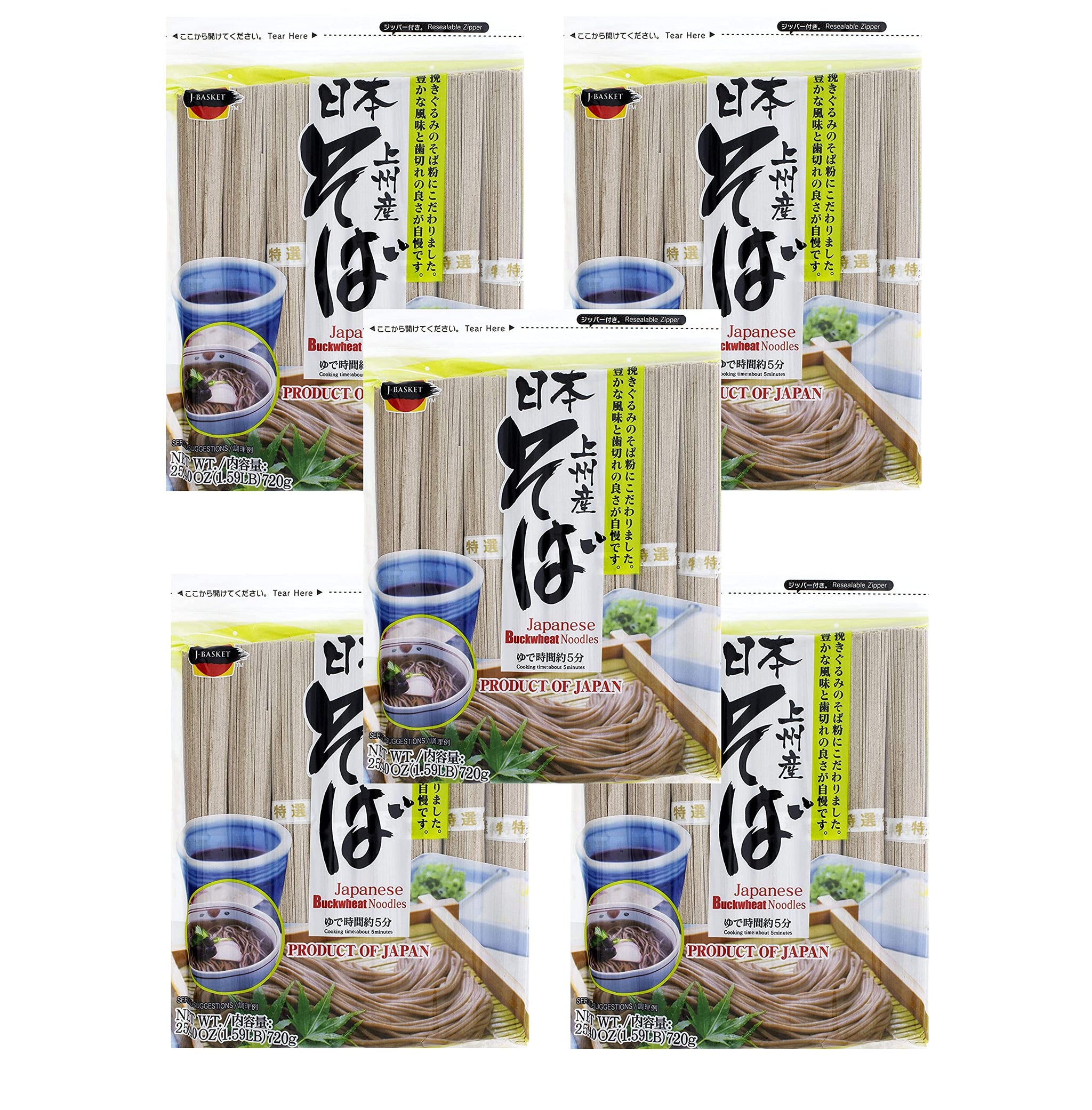 J-Basket Japanese Noodles 5-Pack Set, Buckwheat