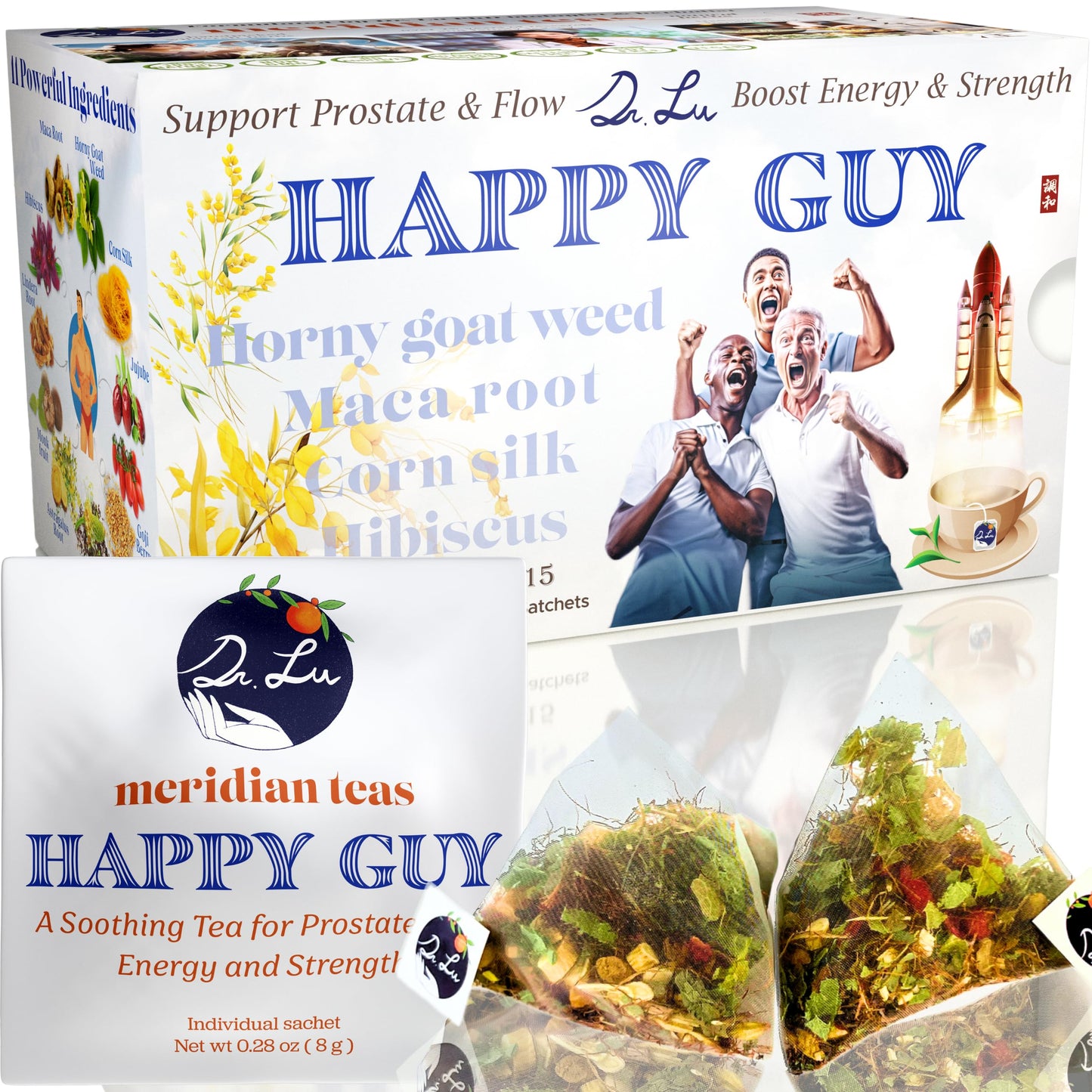 Dr. Lu’s Happy Tea for Guy | 100% Natural Energy Tea for Men | Supports Prostate, Vitality & Fertility | 11-Herb Blend with Maca, Corn Silk & Hibiscus