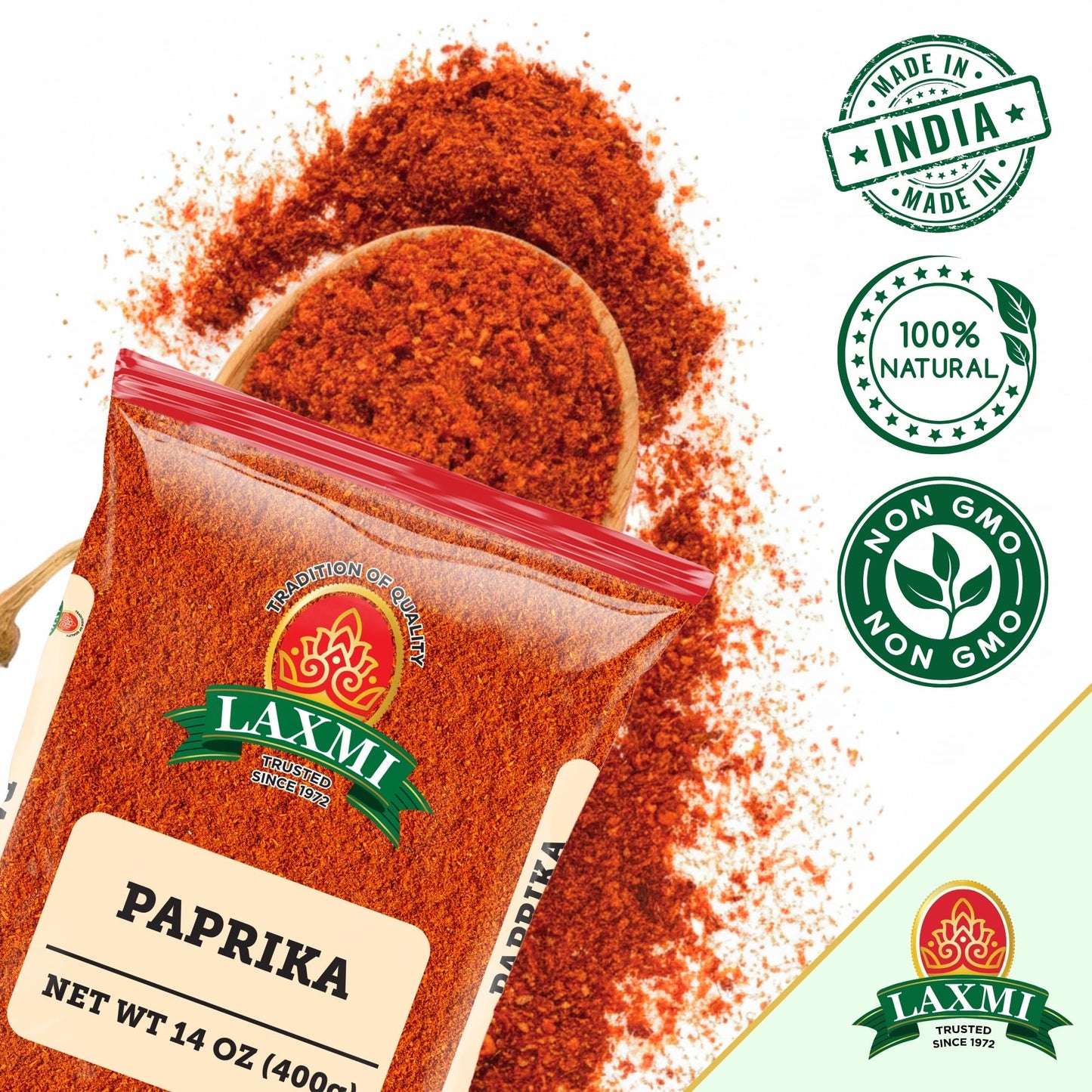LAXMI Paprika Powder - Ground Red Sweet and Mildly Spicy for Cooking - Non-GMO, Vegan - 400g - Herbs and Spices