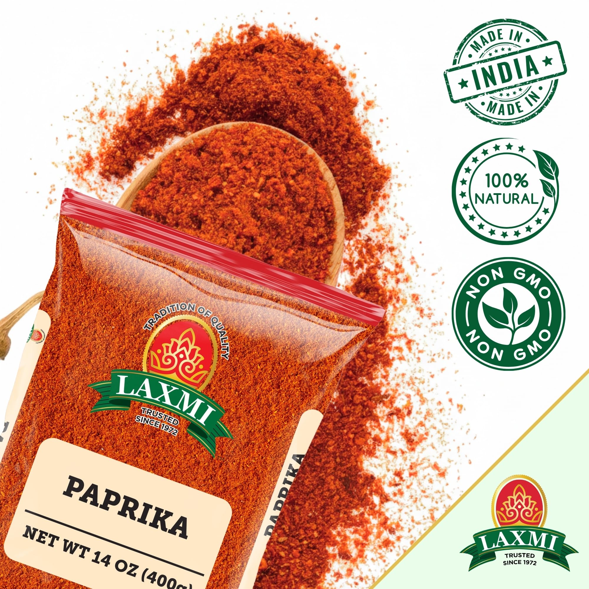 LAXMI Paprika Powder - Ground Red Sweet and Mildly Spicy for Cooking - Non-GMO, Vegan - 400g - Herbs and Spices