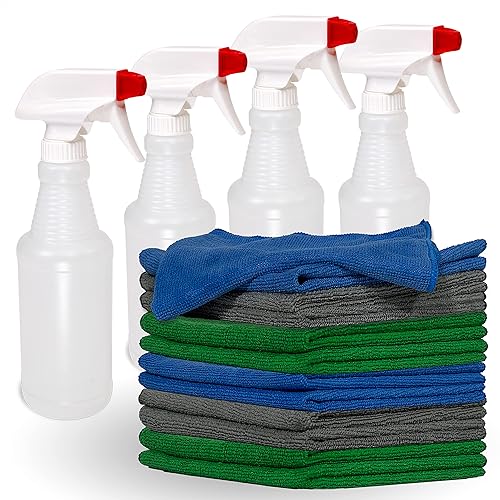 Pinnacle Mercantile 12 Microfiber Cloths and 4 Spray Bottles, Extra Large 16x16in Highly Absorbent Lint Free Towels and 16oz Heavy Duty Spray Bottles