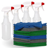 Pinnacle Mercantile 12 Microfiber Cloths and 4 Spray Bottles, Extra Large 16x16in Highly Absorbent Lint Free Towels and 16oz Heavy Duty Spray Bottles