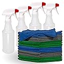 Pinnacle Mercantile 12 Microfiber Cloths and 4 Spray Bottles, Extra Large 16x16in Highly Absorbent Lint Free Towels and 16oz Heavy Duty Spray Bottles