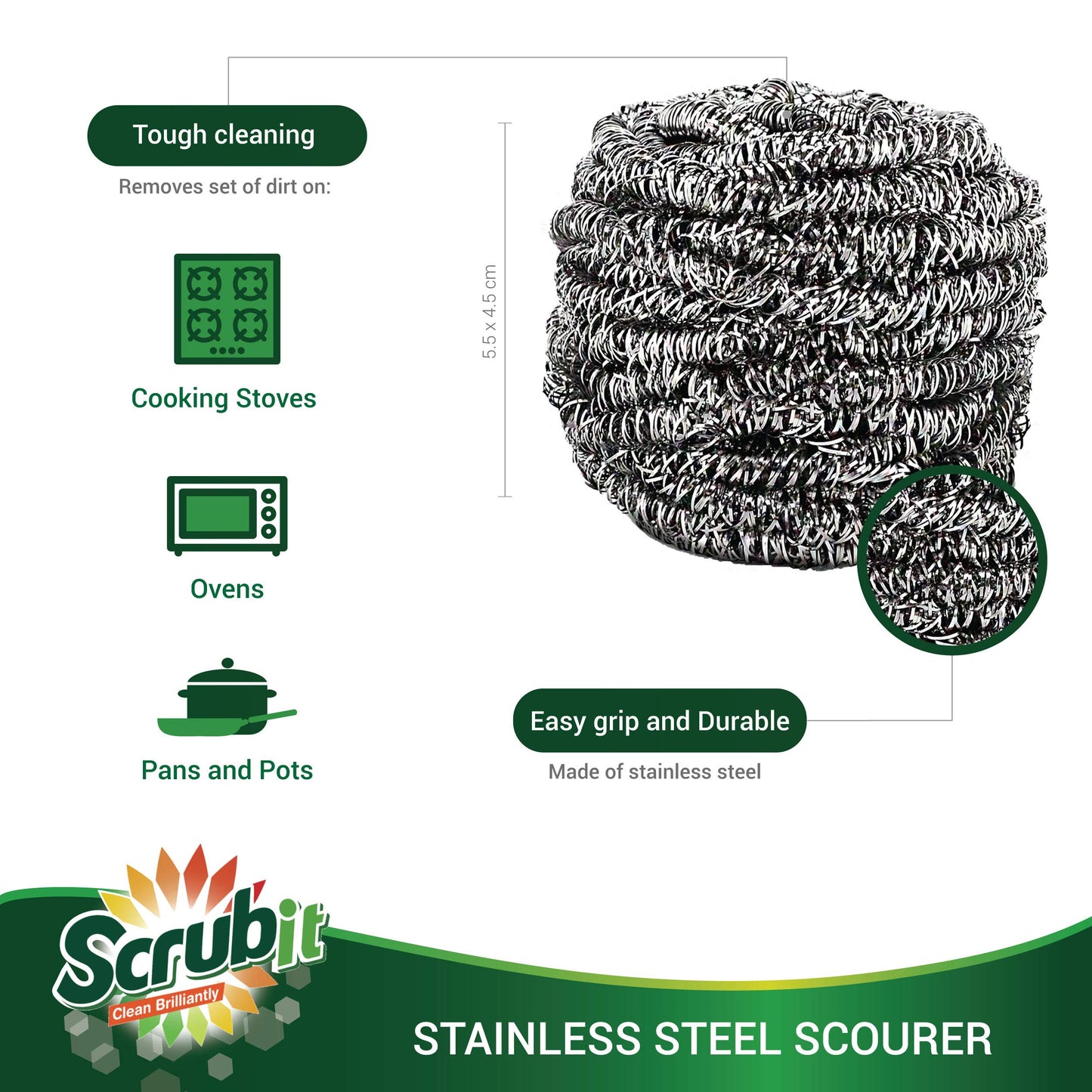 SCRUBIT 6 Pack Stainless Steel Scourers - Steel Wool Scrubber Pad Used for Dishes, Pots, Pans, and Ovens. Easy scouring for Tough Kitchen Cleaning.