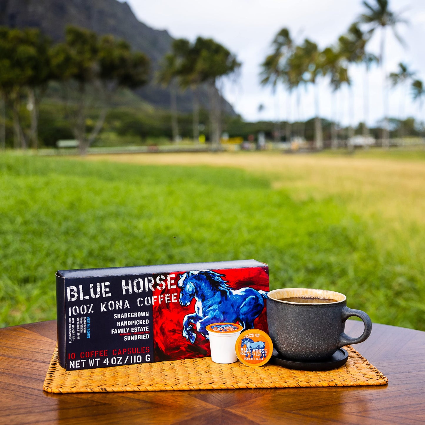 Blue Horse 100% Kona Coffee Pods, Medium Roast, 10ct Single Serve, Compatible with K Cups 2.0, Farm Fresh, Authentic Arabica Beans from Hawaii’s Big