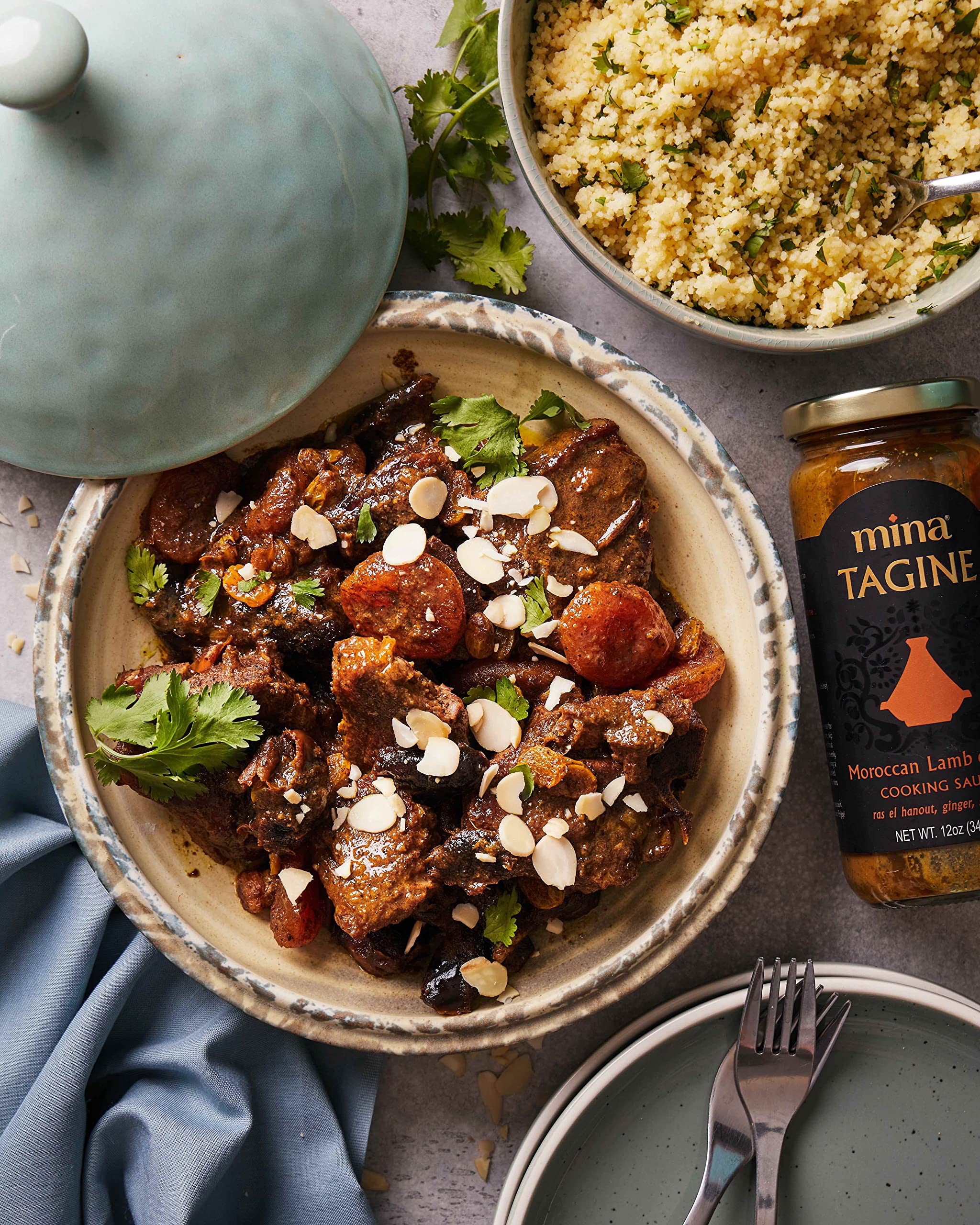 Mina Tagine Moroccan Simmer Sauce, 12 oz - Royal Ras El Hanout Spice Blend for Beef & Lamb, Tagine Sauce Made with Ginger, Cinnamon, Saffron, Olive
