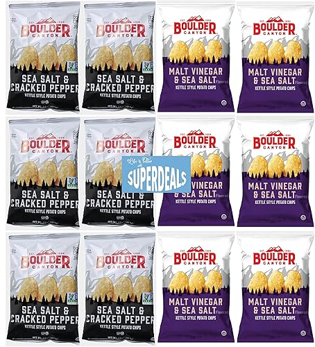 Boulder Canyon |Variety 12 Pack | 6 Sea Salt & Cracked Pepper, 6 Malt Vinegar & Sea Salt | Kettle Style Potato Chips| 1.5 Ounce | Pack of 12 Bundled