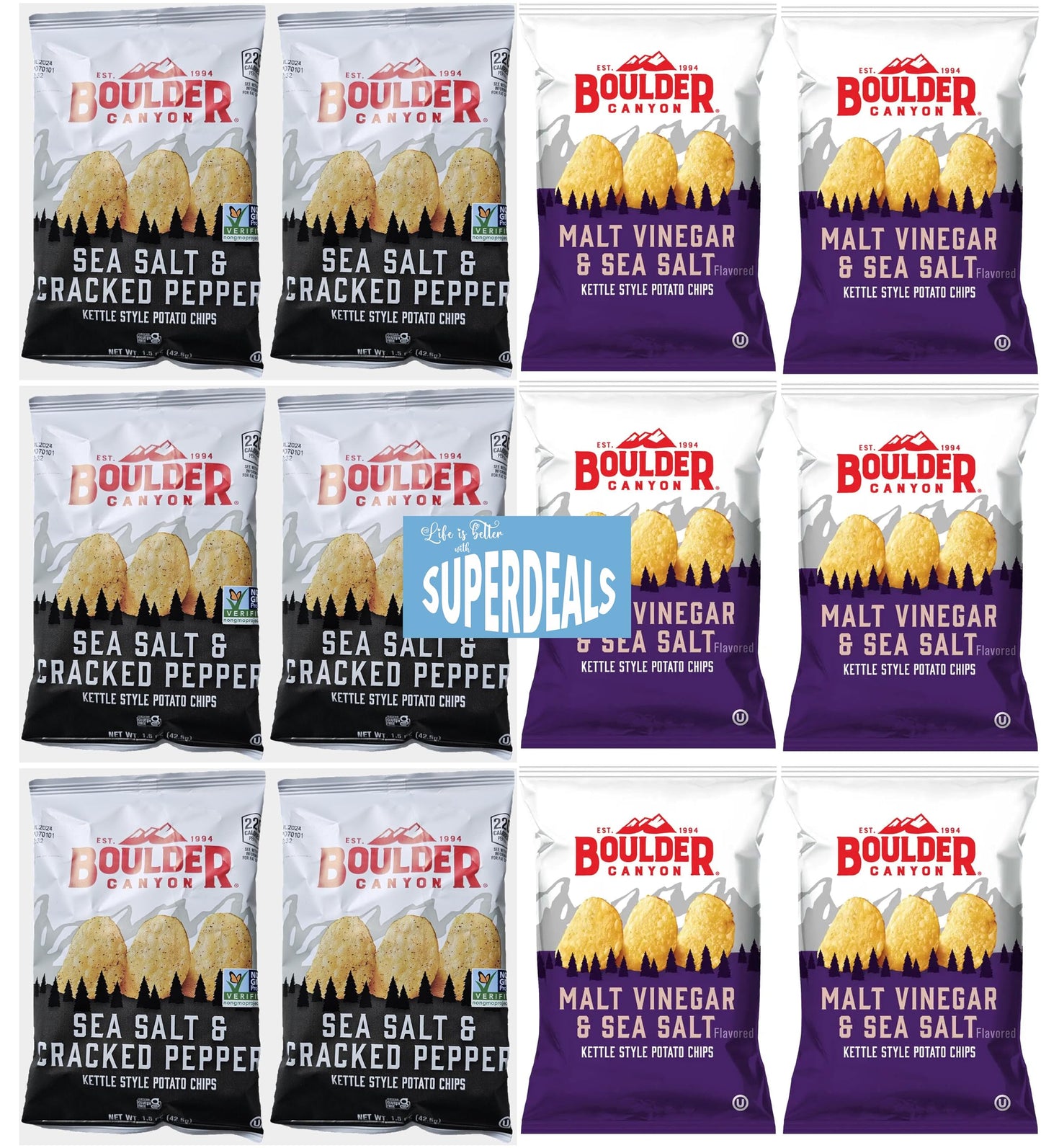 Boulder Canyon |Variety 12 Pack | 6 Sea Salt & Cracked Pepper, 6 Malt Vinegar & Sea Salt | Kettle Style Potato Chips| 1.5 Ounce | Pack of 12 Bundled