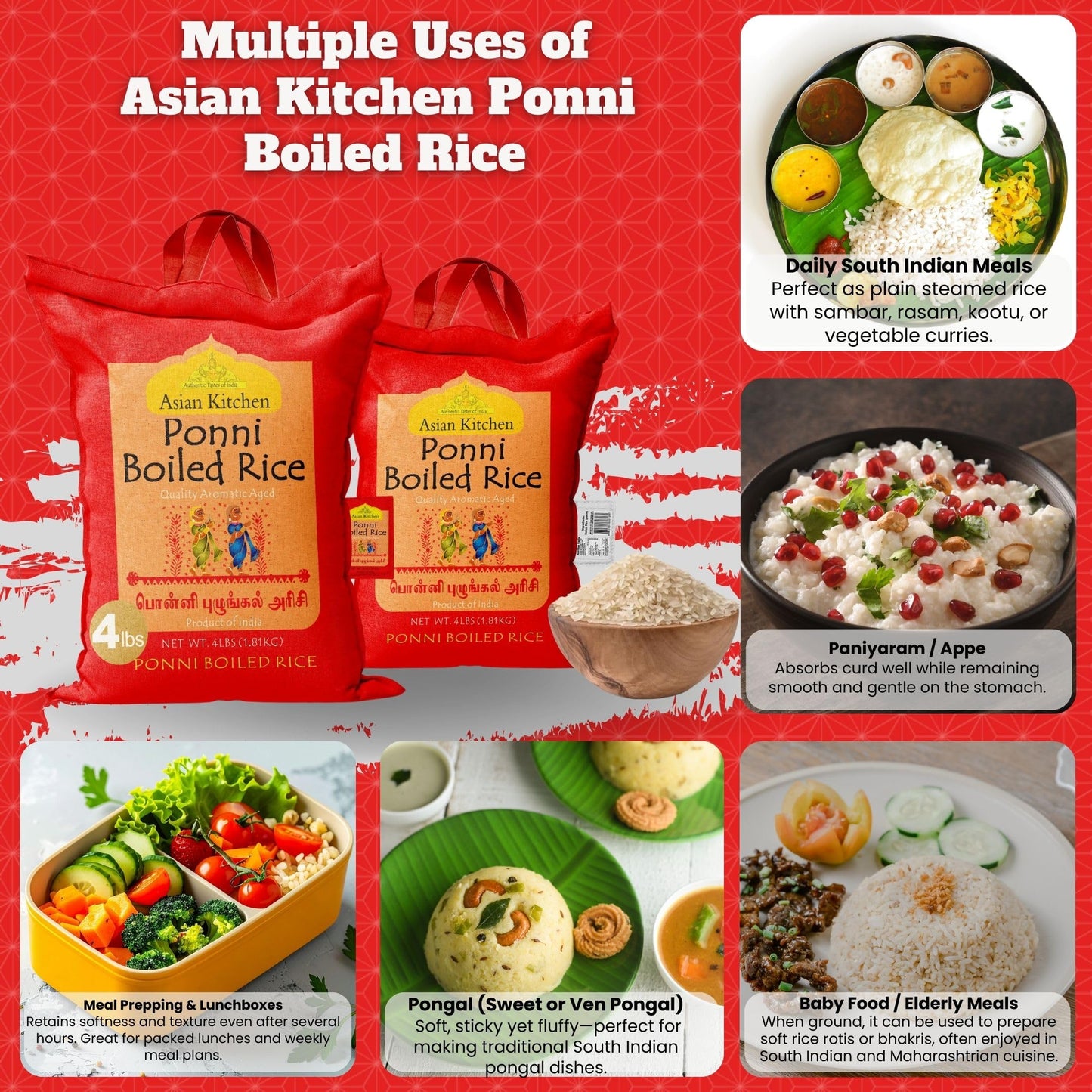 Asian Kitchen Ponni Boiled Rice 4-Pound Bag, 4lbs (1.81kg) Short Grain Par Boiled Rice ~ All Natural | Gluten Friendly | Vegan | Indian Origin |