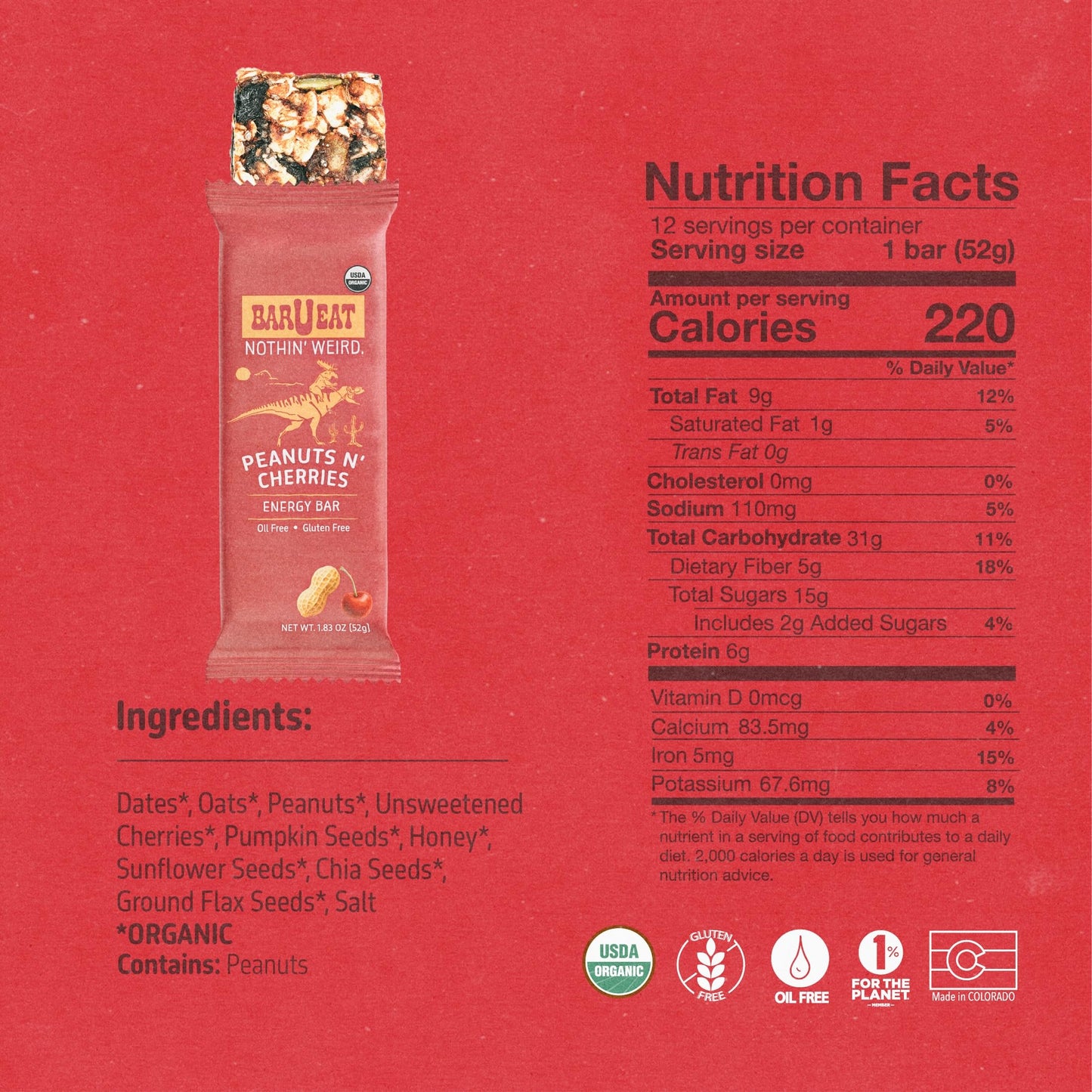 BAR U EAT Gluten-Free, High Fiber, Energy Bar. Real Food Ingredients | Oil Free | Organic | No Artificial Sugar | Healthy Snacks (Peanuts N' Cherries