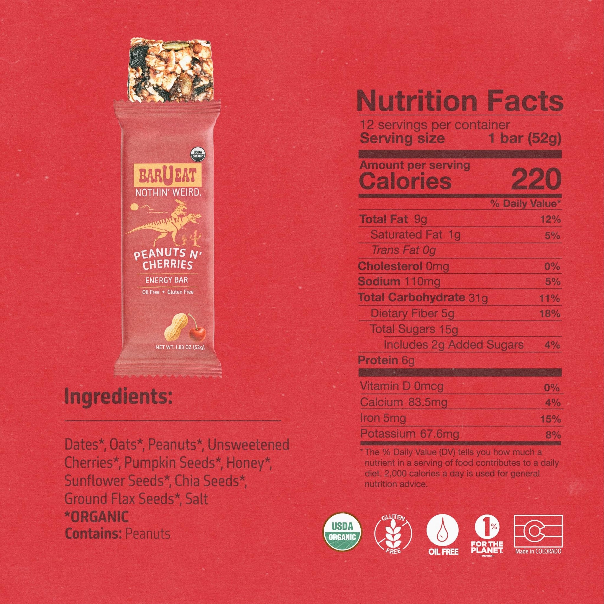BAR U EAT Gluten-Free, High Fiber, Energy Bar. Real Food Ingredients | Oil Free | Organic | No Artificial Sugar | Healthy Snacks (Peanuts N' Cherries